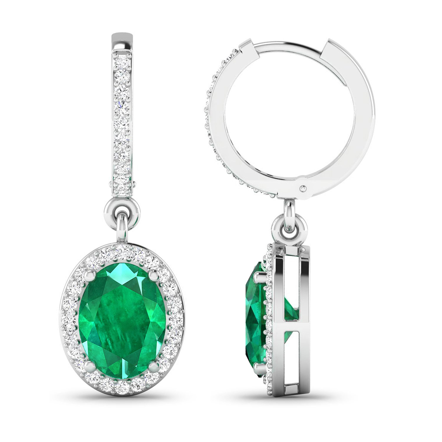 2.32 Carat Genuine Zambian Emerald and White Diamond 14K White Gold Earrings
