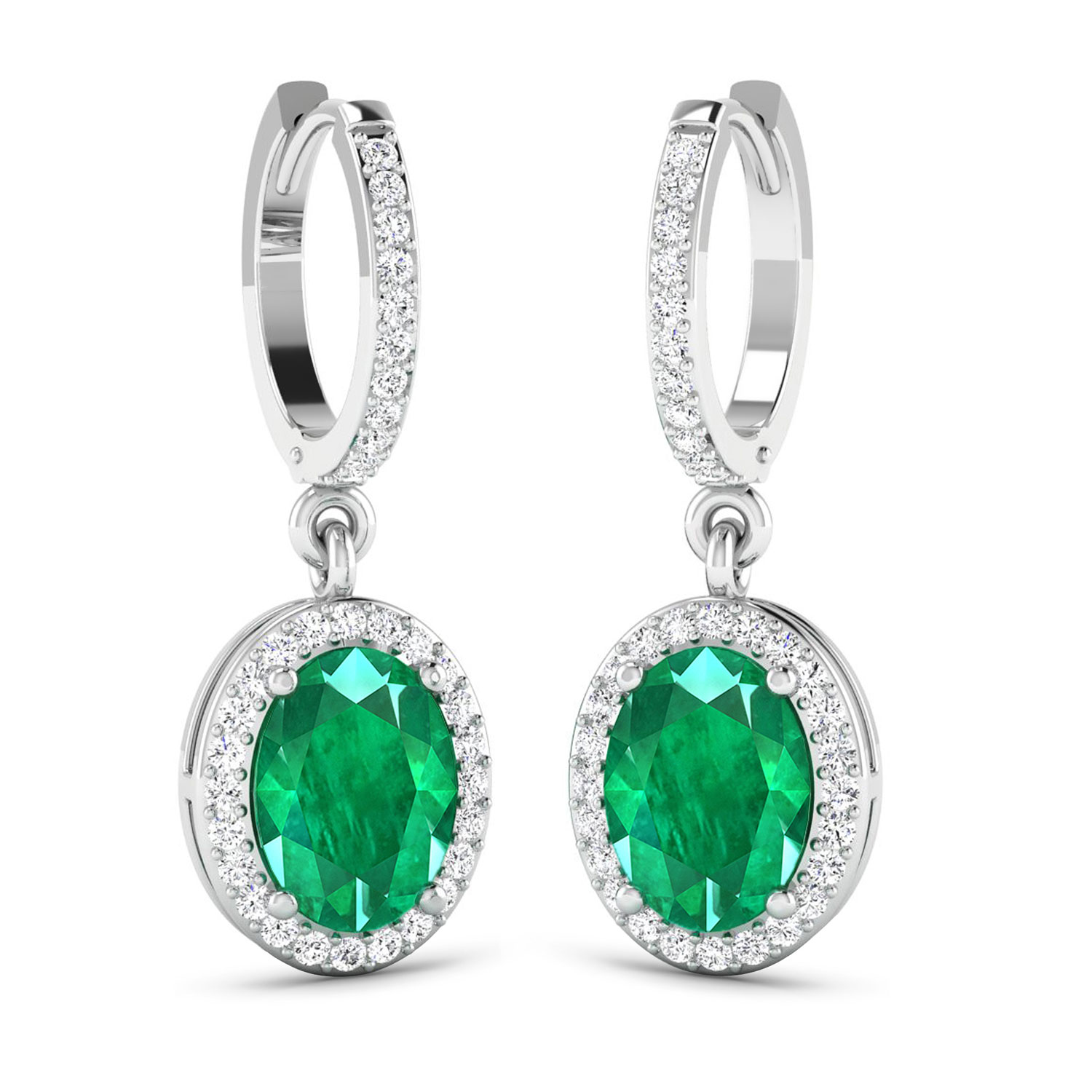 2.32 Carat Genuine Zambian Emerald and White Diamond 14K White Gold Earrings