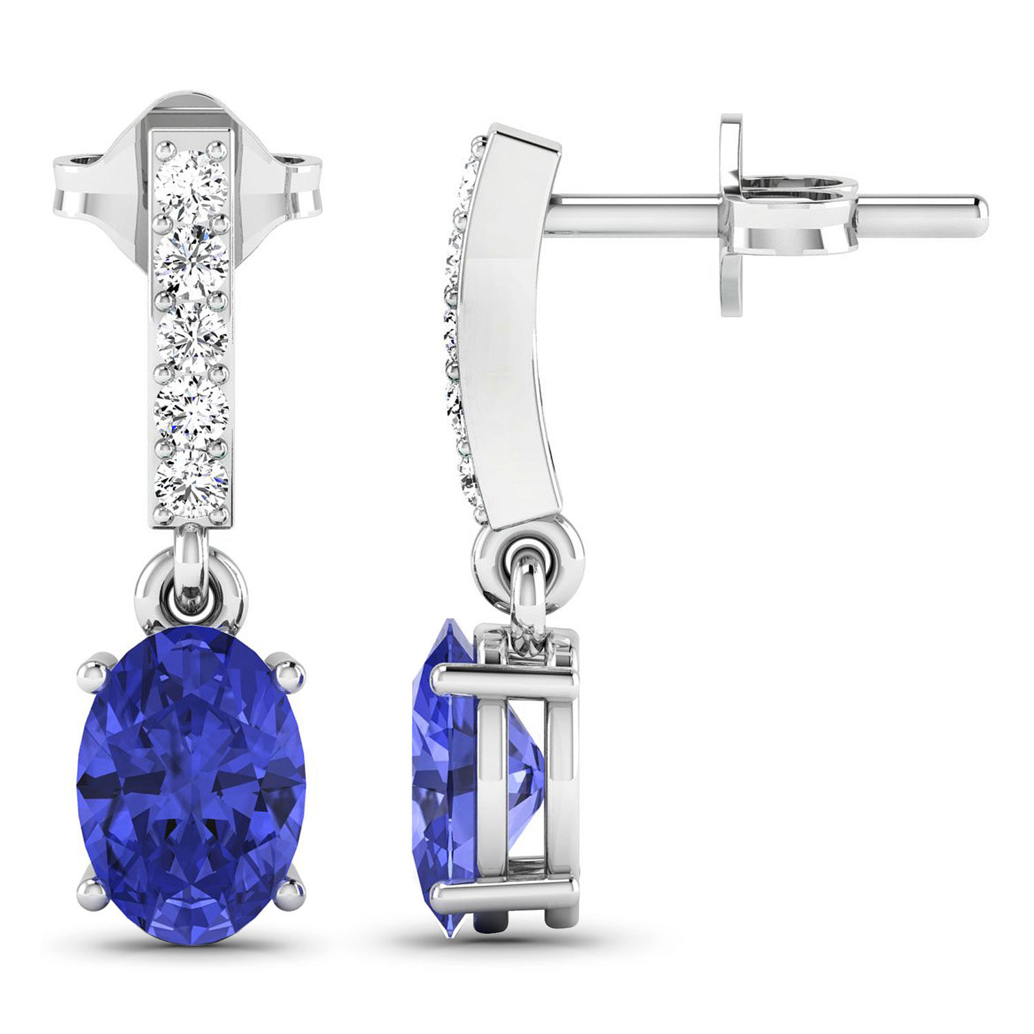 0.14 ctw. Genuine White Diamond Semi-Mounting Dangle Earrings in 14K White Gold - holds 7x5mm Oval Gemstones with Oval 7x5mm- 2Pcs Tanzanite