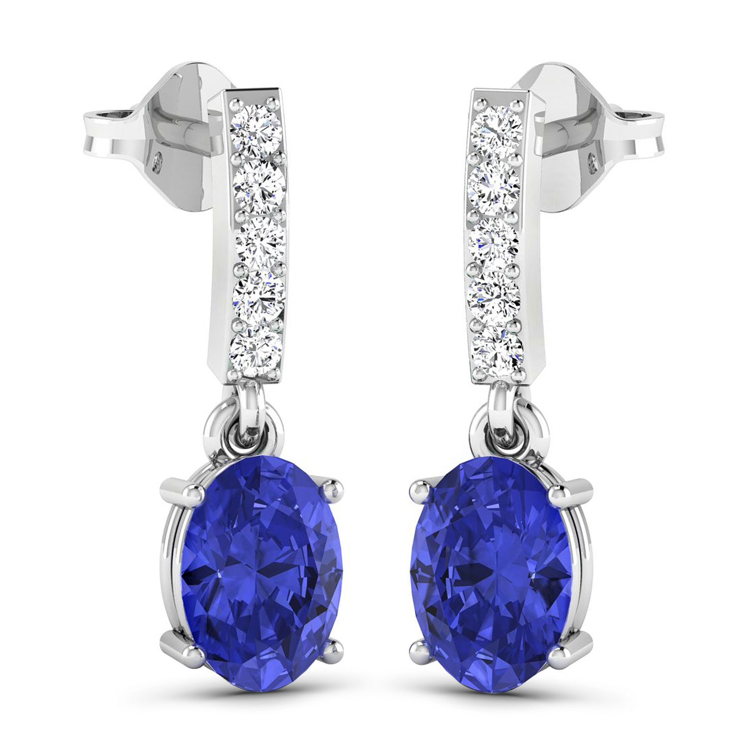 0.14 ctw. Genuine White Diamond Semi-Mounting Dangle Earrings in 14K White Gold - holds 7x5mm Oval Gemstones with Oval 7x5mm- 2Pcs Tanzanite