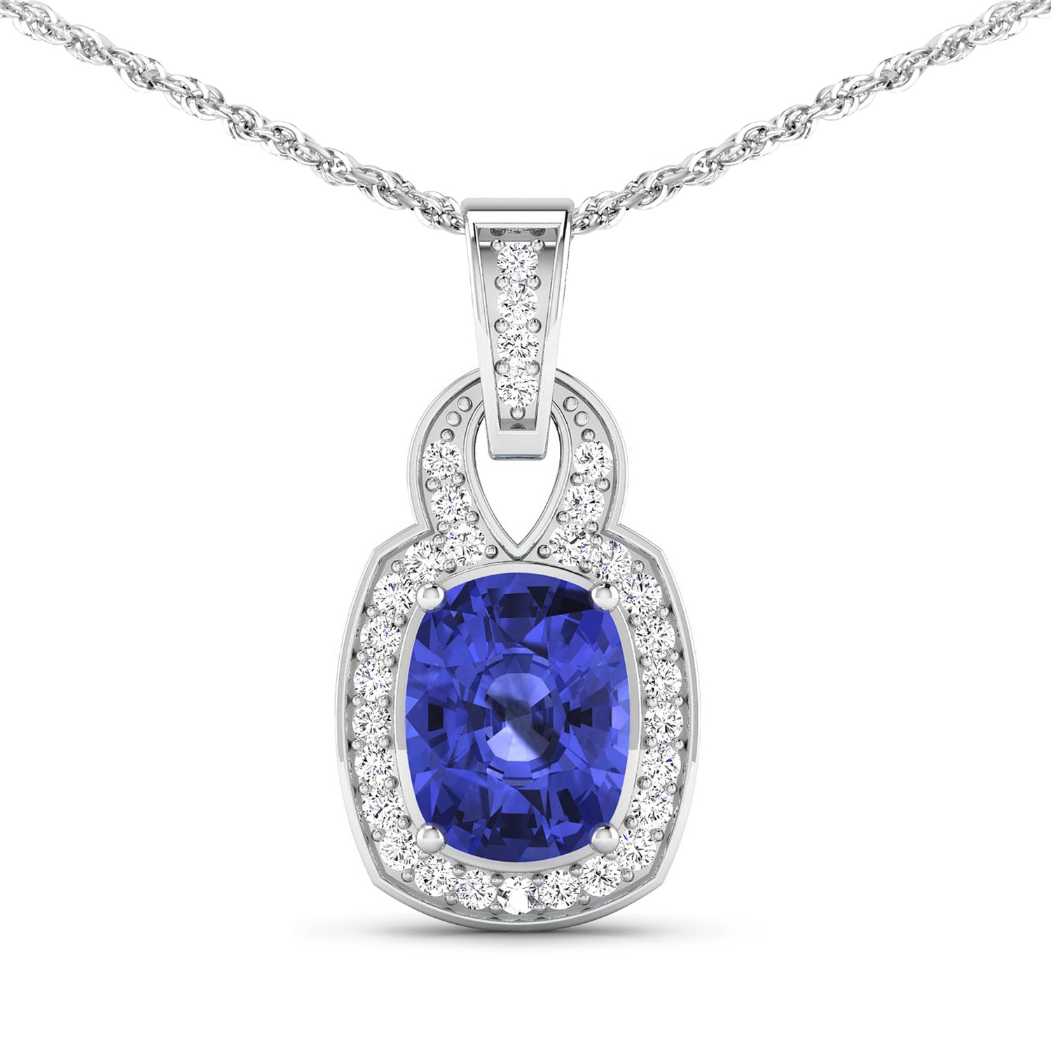 0.25 ctw. Genuine White Diamond Semi-Mounting Halo Pendant in 14K White Gold - holds 9x7mm Cushion Gemstone with Tanzanite Cushion 9x7mm