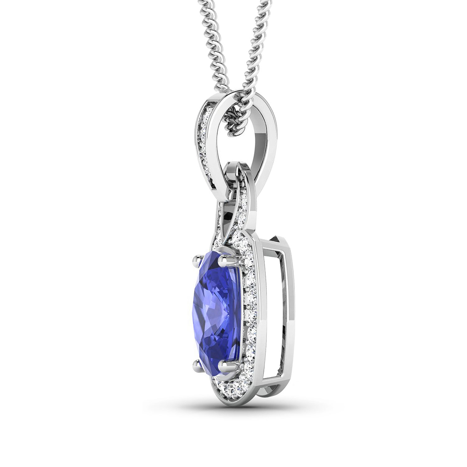 0.25 ctw. Genuine White Diamond Semi-Mounting Halo Pendant in 14K White Gold - holds 9x7mm Cushion Gemstone with Tanzanite Cushion 9x7mm