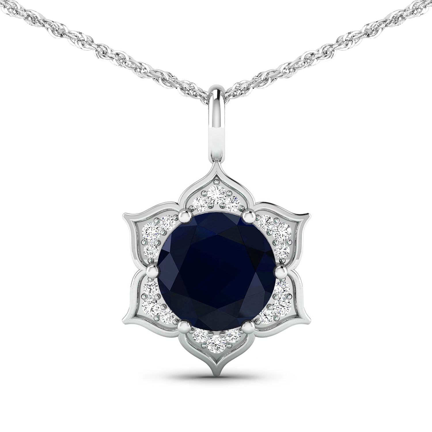 2.39 Carat Genuine Blue Sapphire and White Diamond 14K White Gold Pendant