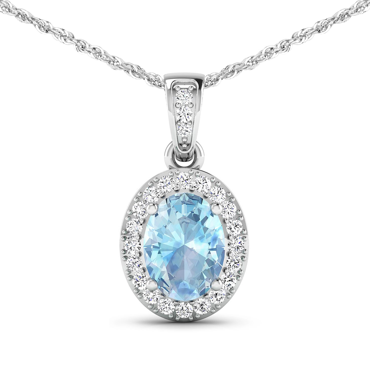 1.14 Carat Genuine Aquamarine and White Diamond 14K White Gold Pendant