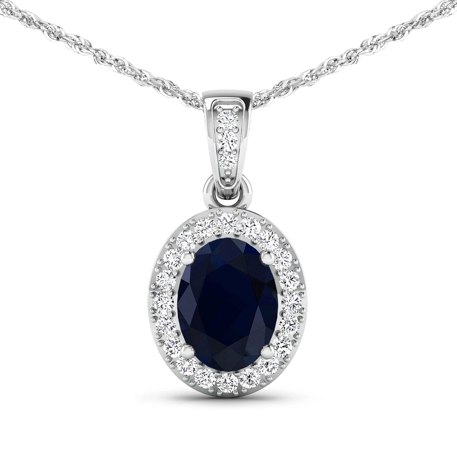 1.48 Carat Genuine Blue Sapphire and White Diamond 14K White Gold Pendant