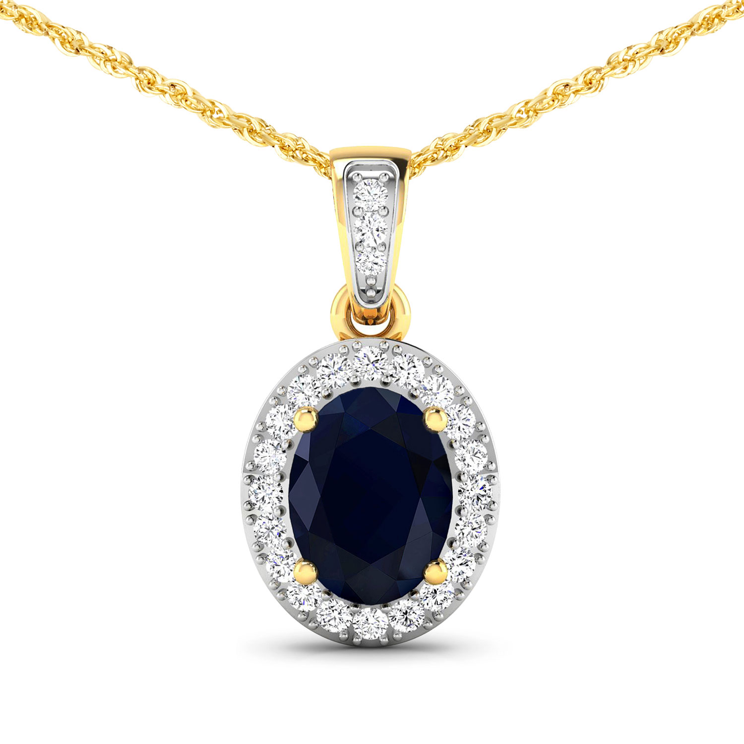 1.48 Carat Genuine Blue Sapphire and White Diamond 14K Yellow Gold Pendant