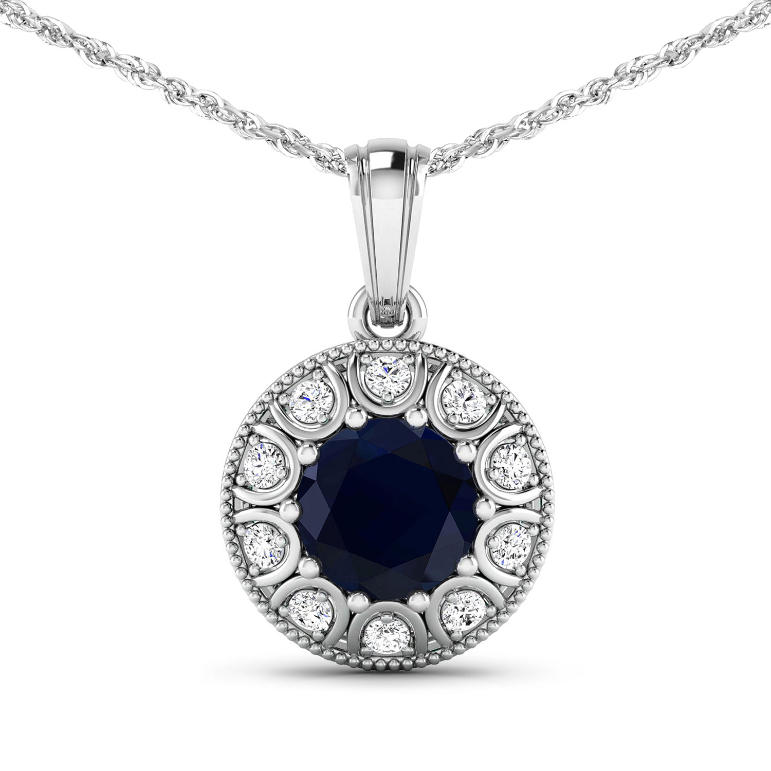 2.55 Carat Genuine Blue Sapphire and White Diamond 14K White Gold Pendant