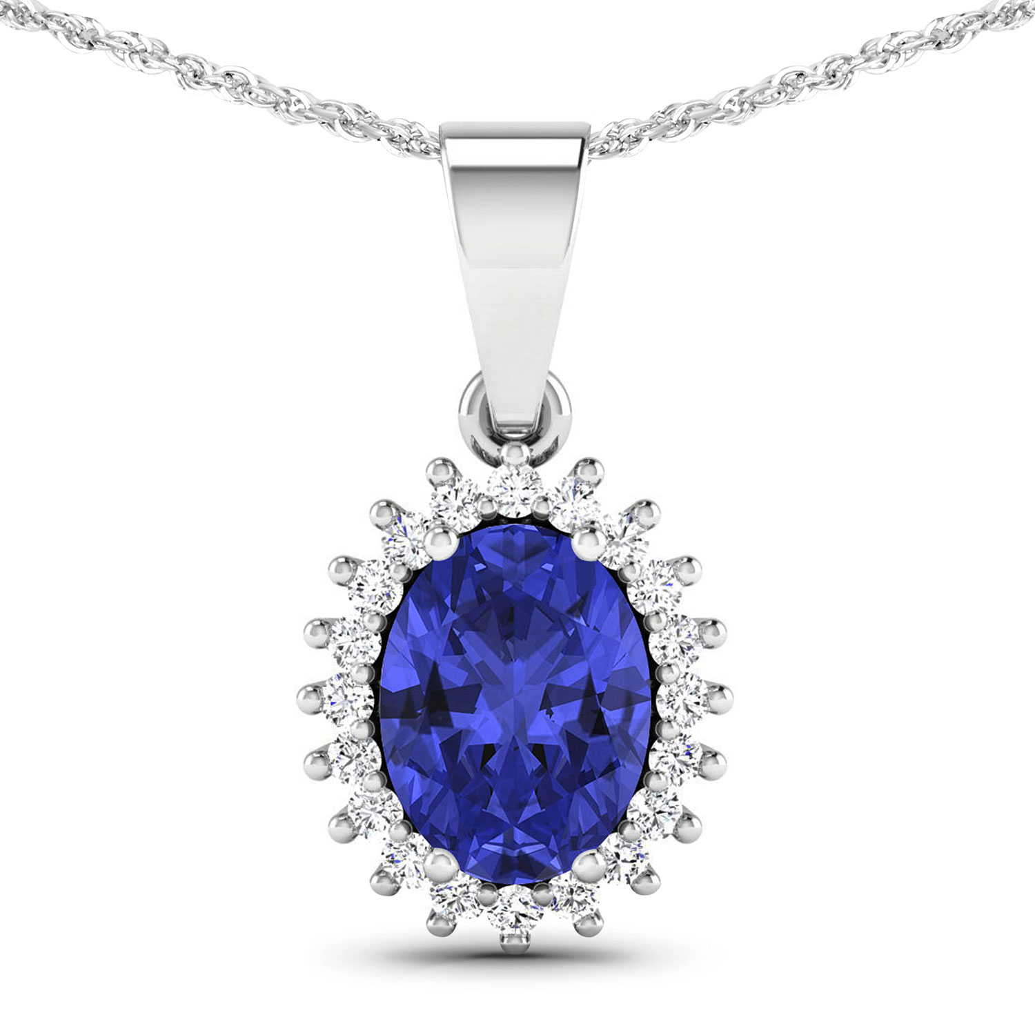 0.13 ctw. Genuine White Diamond Semi-Mounting Halo Pendant in 14K White Gold - holds 8x6mm Oval Gemstone with Tanzanite Oval 8x6mm