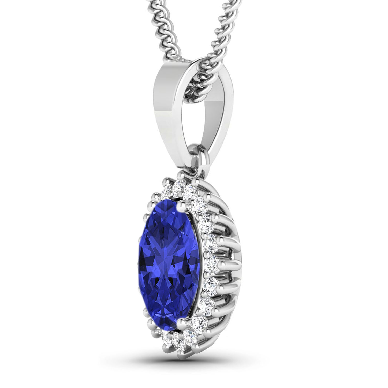 0.13 ctw. Genuine White Diamond Semi-Mounting Halo Pendant in 14K White Gold - holds 8x6mm Oval Gemstone with Tanzanite Oval 8x6mm