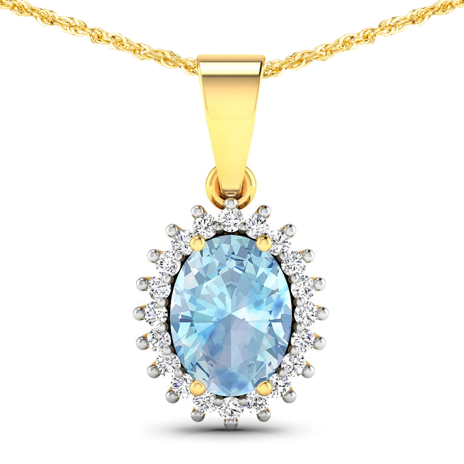 1.09 Carat Genuine Aquamarine and White Diamond 14K Yellow Gold Pendant