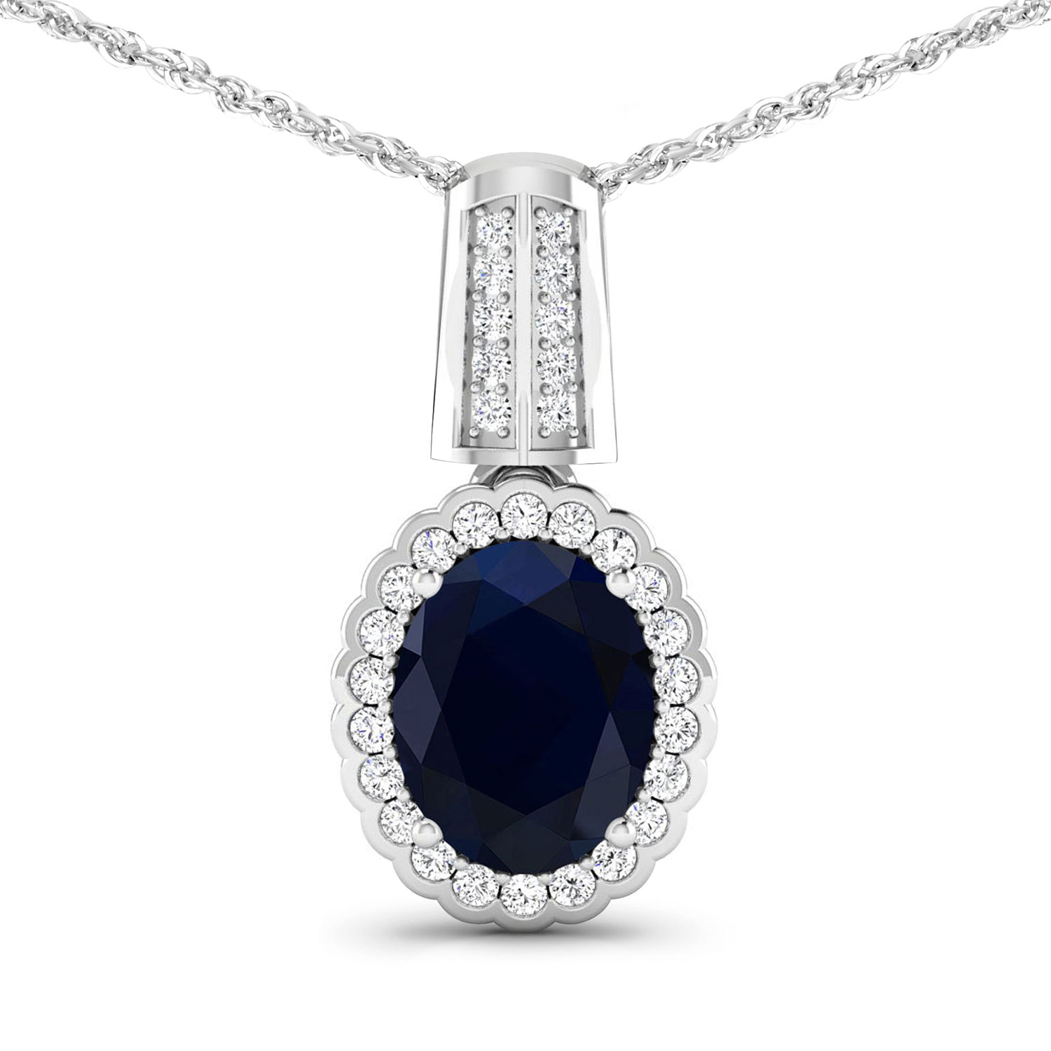 2.32 Carat Genuine Blue Sapphire and White Diamond 14K White Gold Pendant