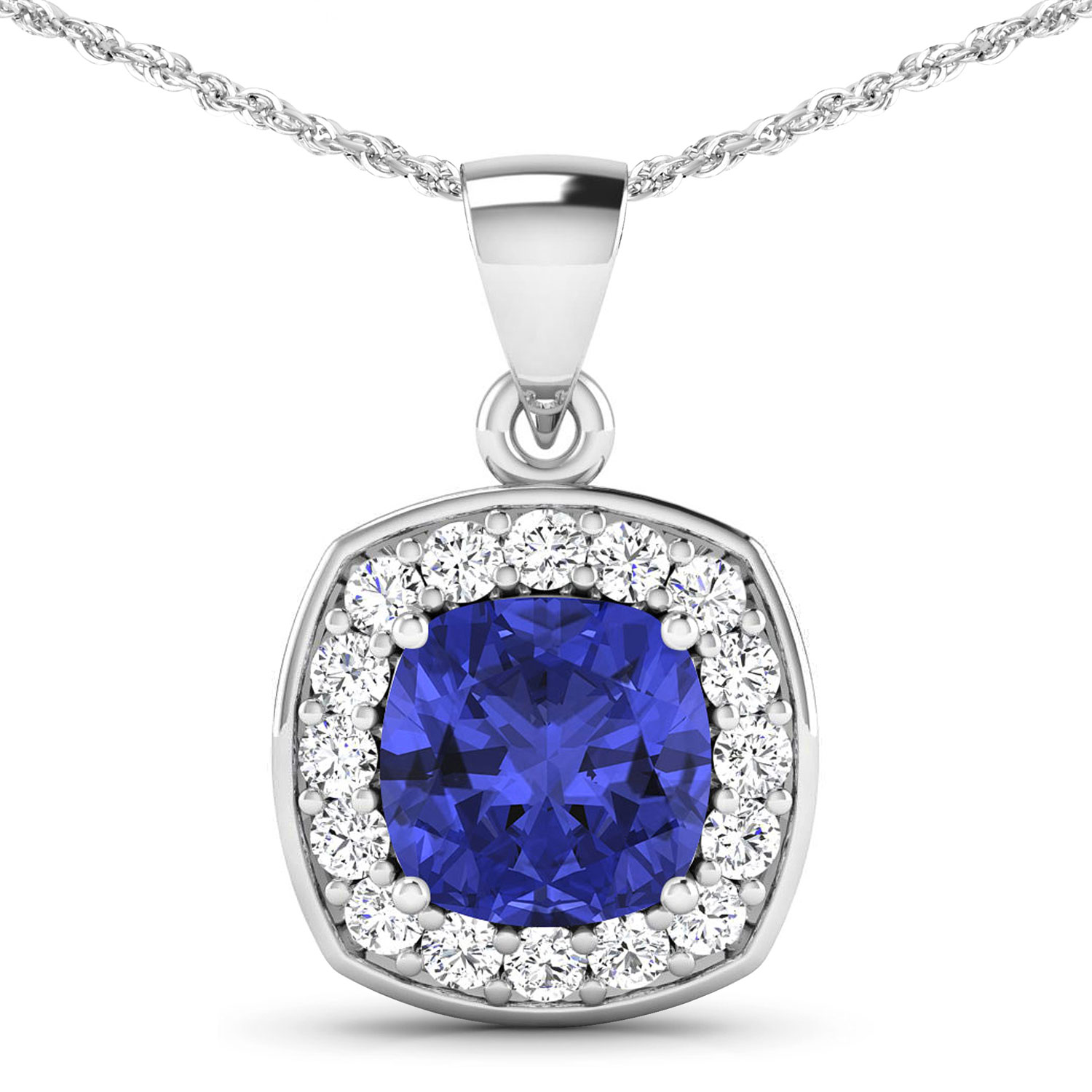0.48 ctw. Genuine White Diamond Semi-Mounting Halo Pendant in 14K White Gold - holds 8x8mm Cushion Gemstone with Tanzanite Cushion 8.00mm