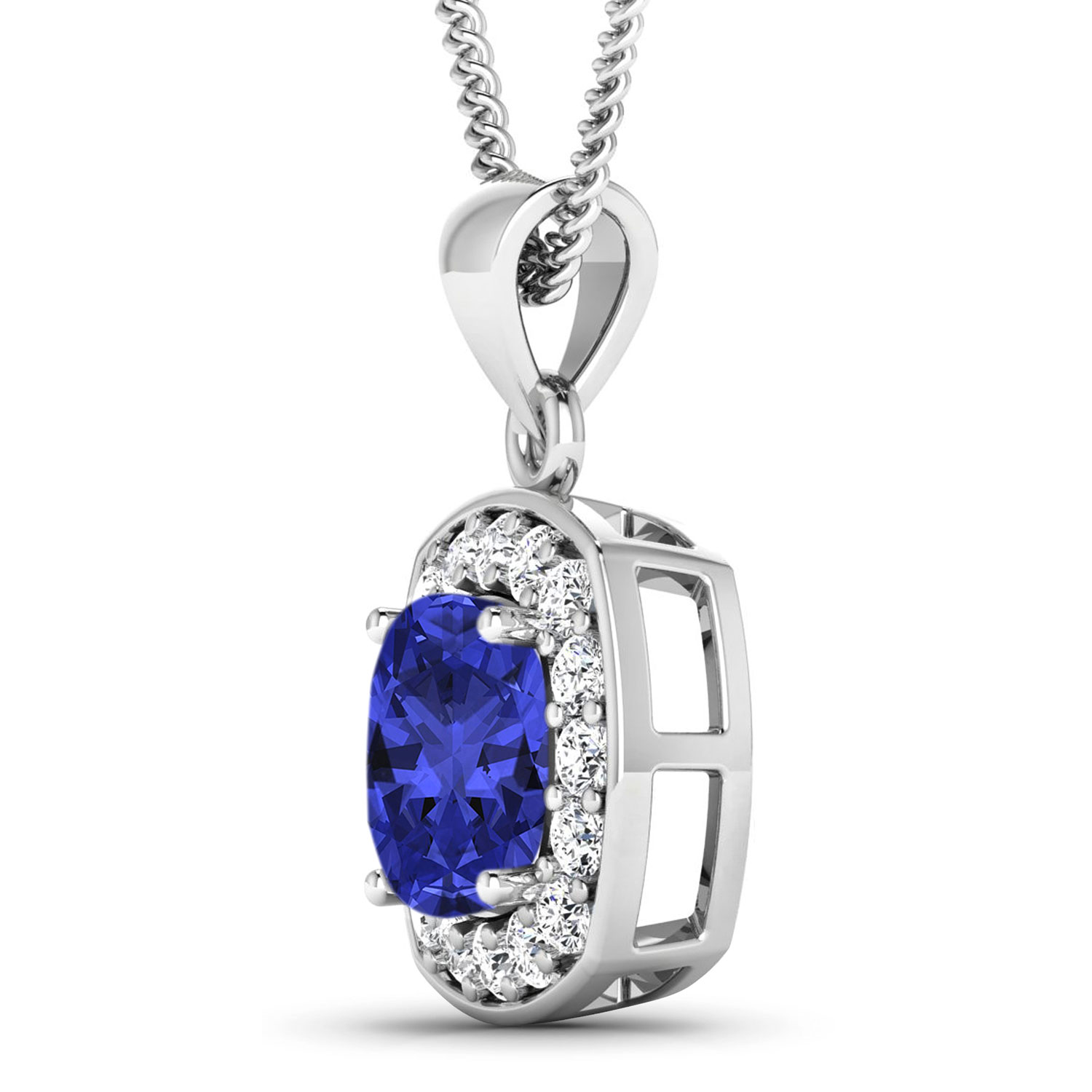 0.48 ctw. Genuine White Diamond Semi-Mounting Halo Pendant in 14K White Gold - holds 8x8mm Cushion Gemstone with Tanzanite Cushion 8.00mm