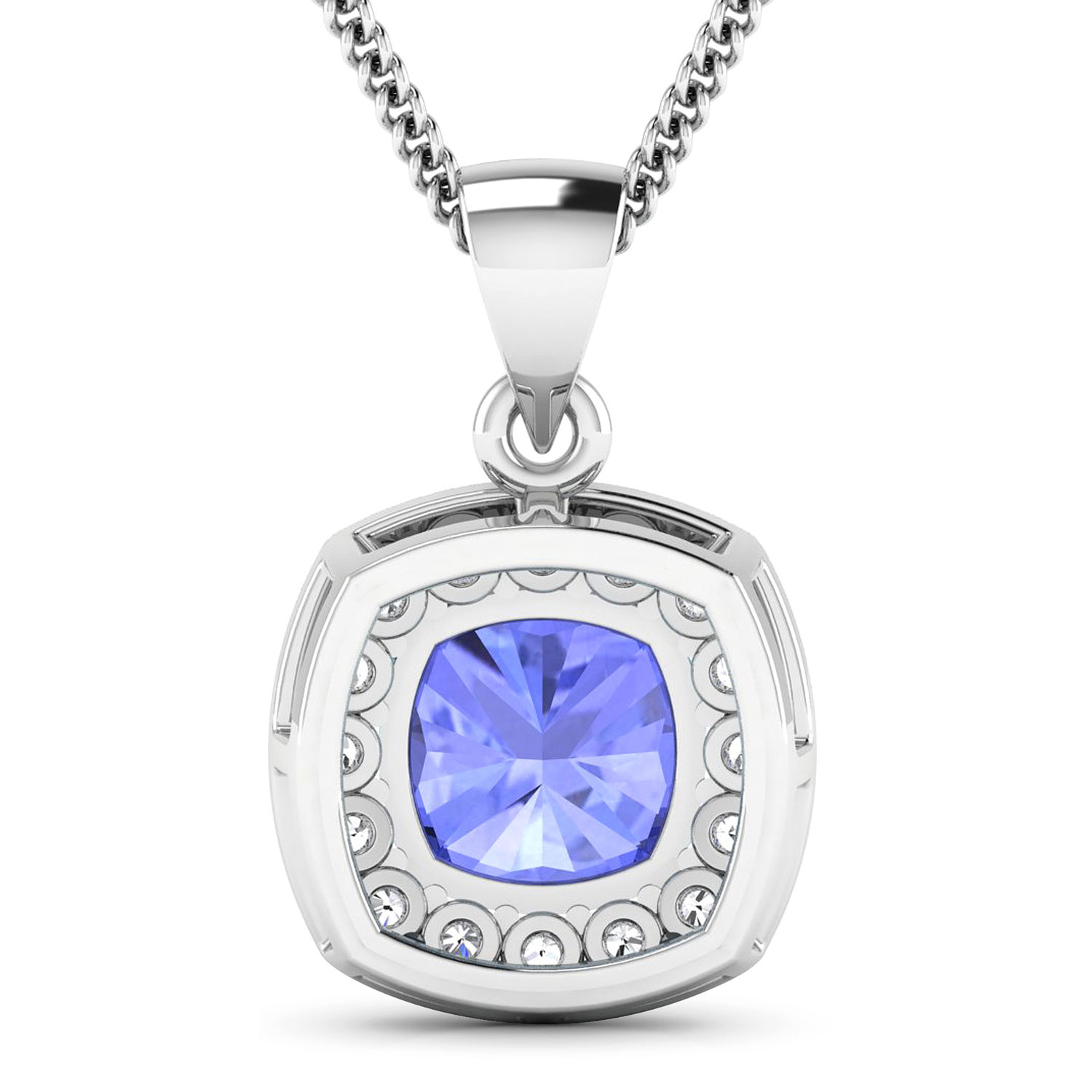 0.48 ctw. Genuine White Diamond Semi-Mounting Halo Pendant in 14K White Gold - holds 8x8mm Cushion Gemstone with Tanzanite Cushion 8.00mm