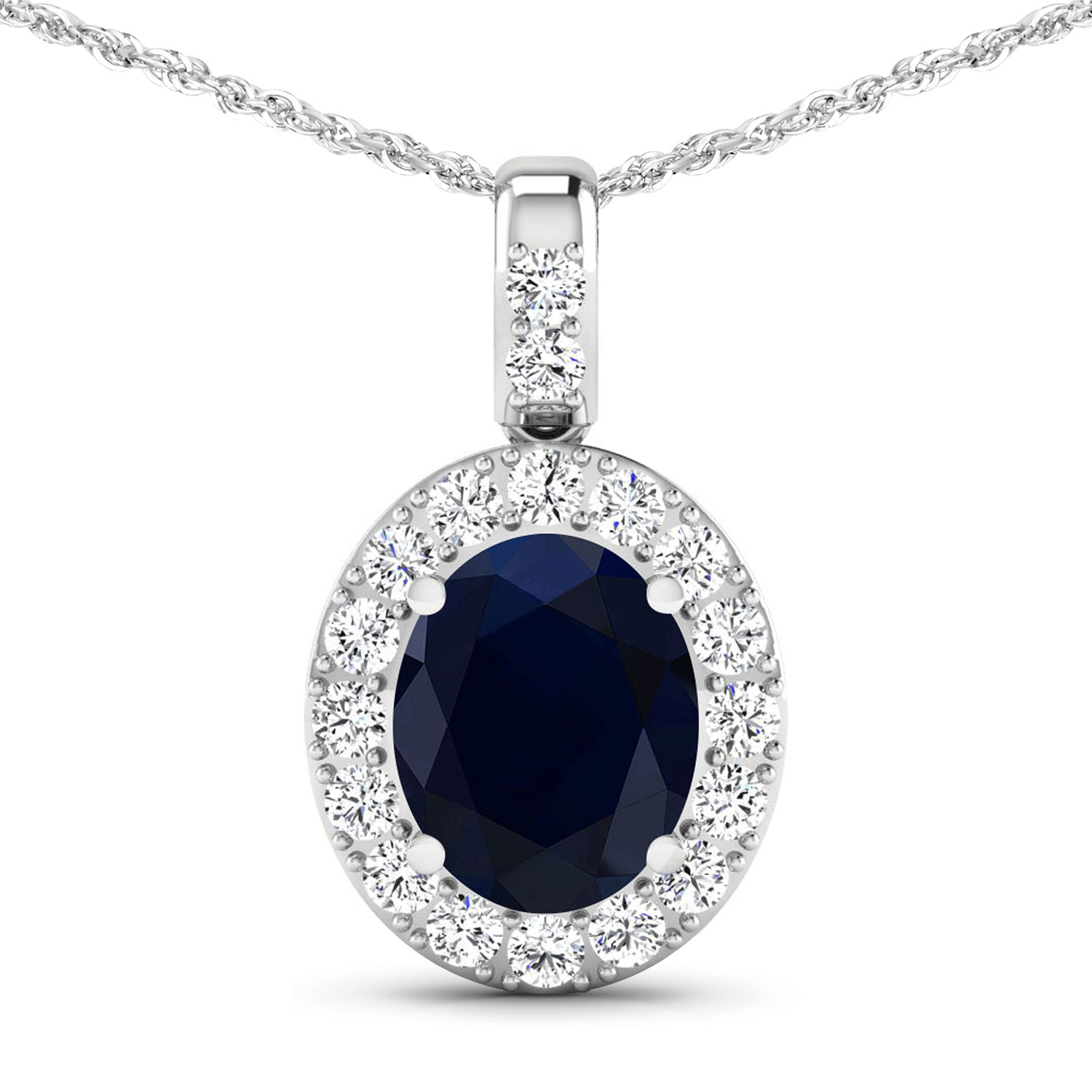 3.64 Carat Genuine Blue Sapphire and White Diamond 14K White Gold Pendant
