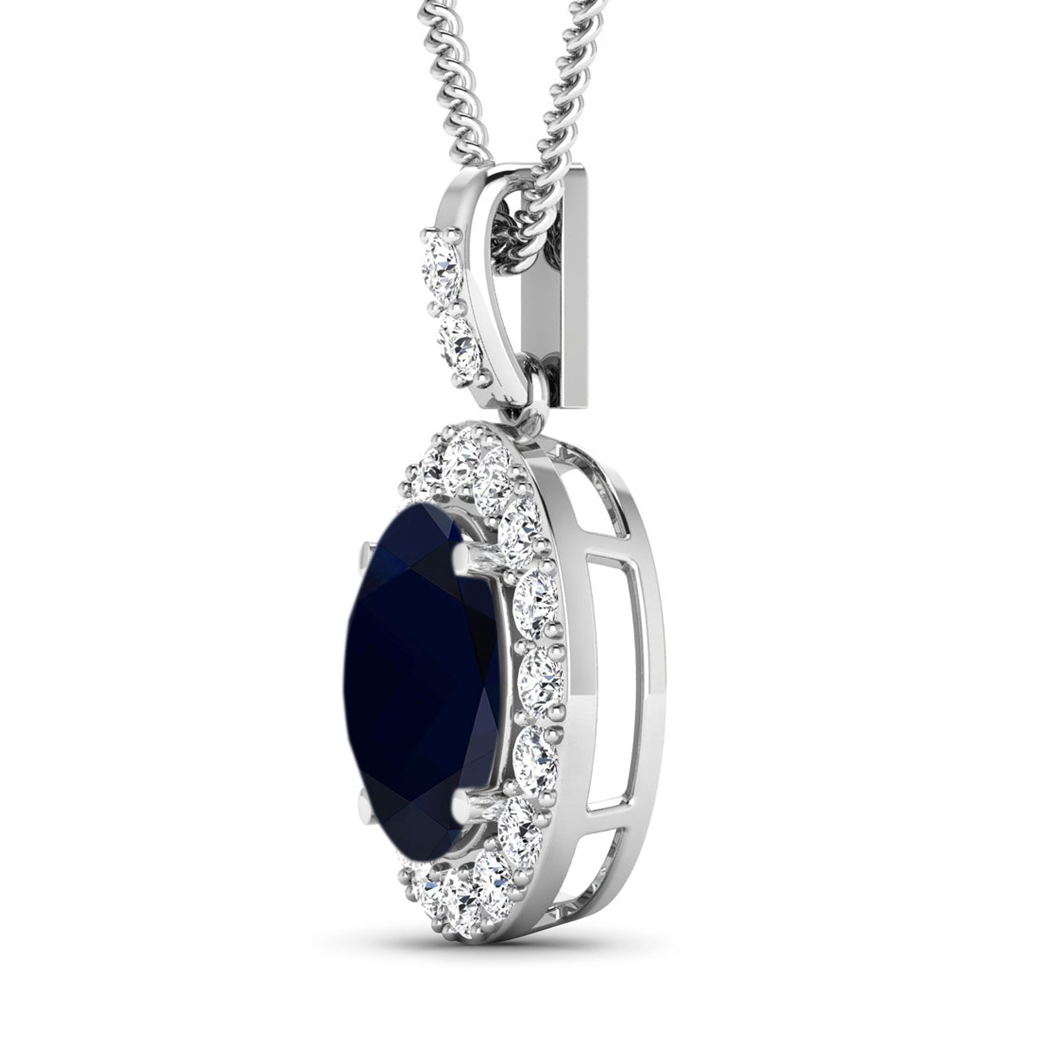 3.64 Carat Genuine Blue Sapphire and White Diamond 14K White Gold Pendant