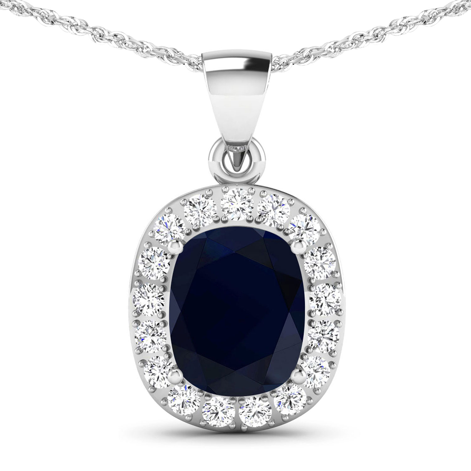 3.81 Carat Genuine Blue Sapphire and White Diamond 14K White Gold Pendant
