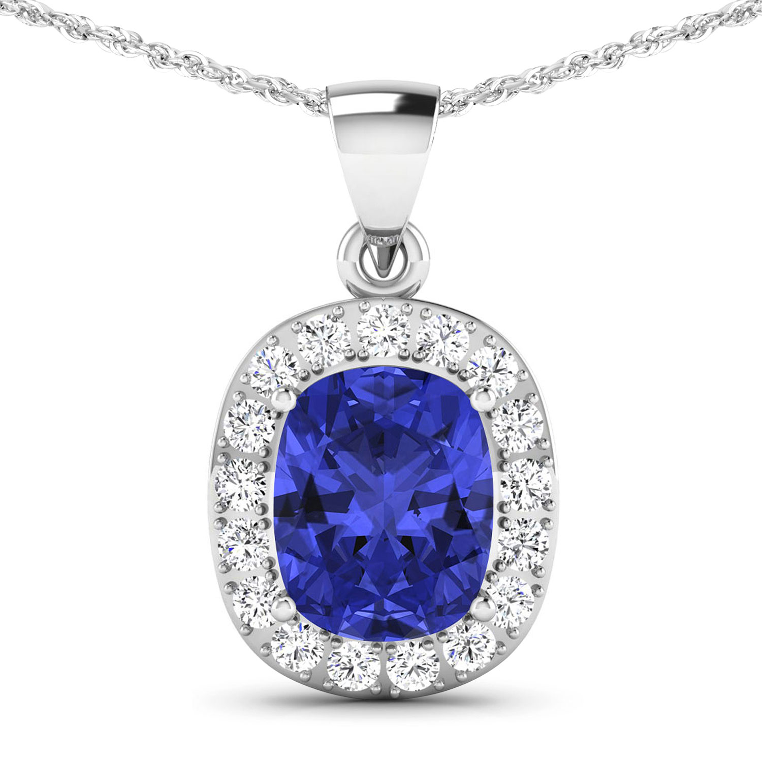 0.51 ctw. Genuine White Diamond Semi-Mounting Halo Pendant in 14K White Gold - holds 10x8mm Cushion Gemstone with Tanzanite Cushion 10x8mm