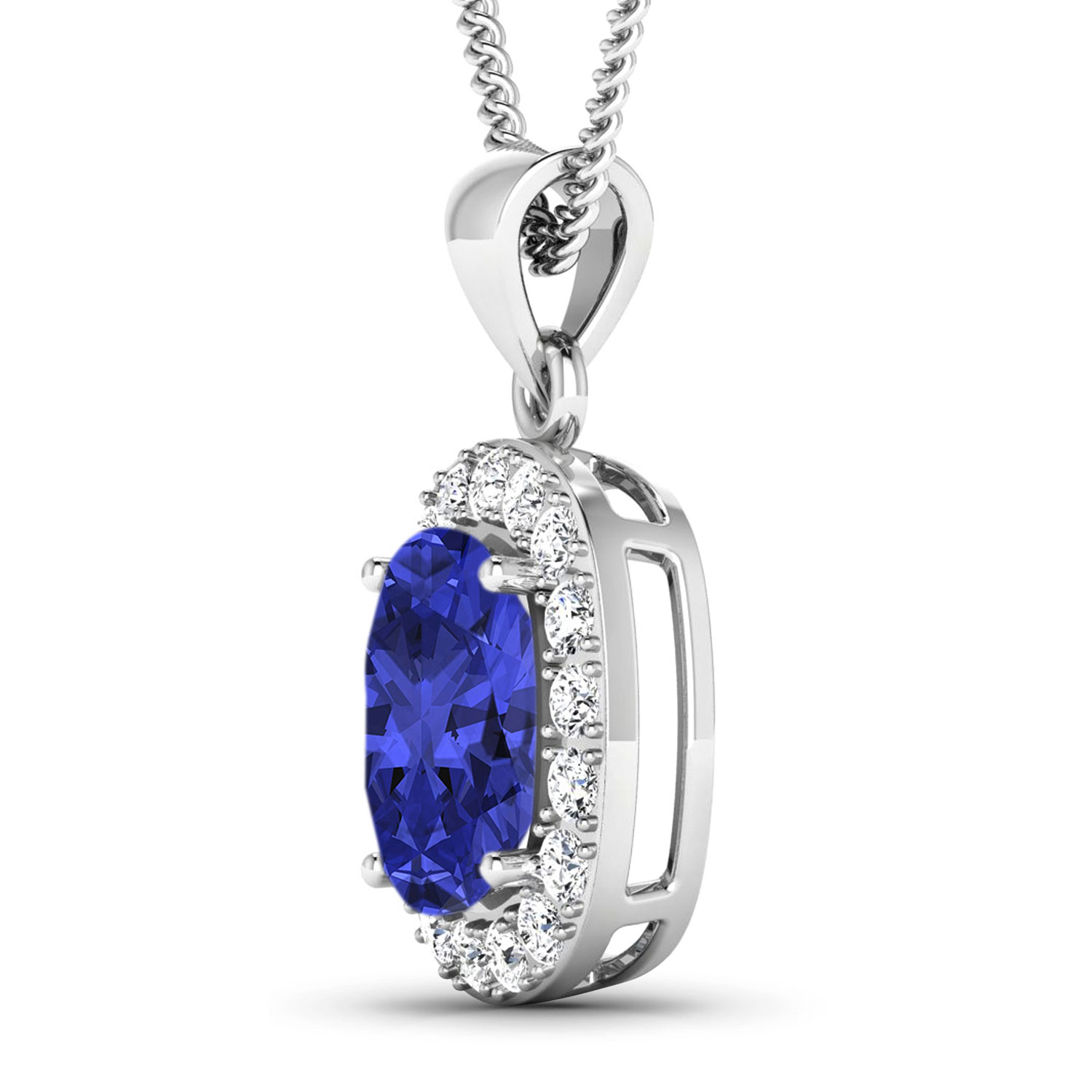 0.51 ctw. Genuine White Diamond Semi-Mounting Halo Pendant in 14K White Gold - holds 10x8mm Cushion Gemstone with Tanzanite Cushion 10x8mm