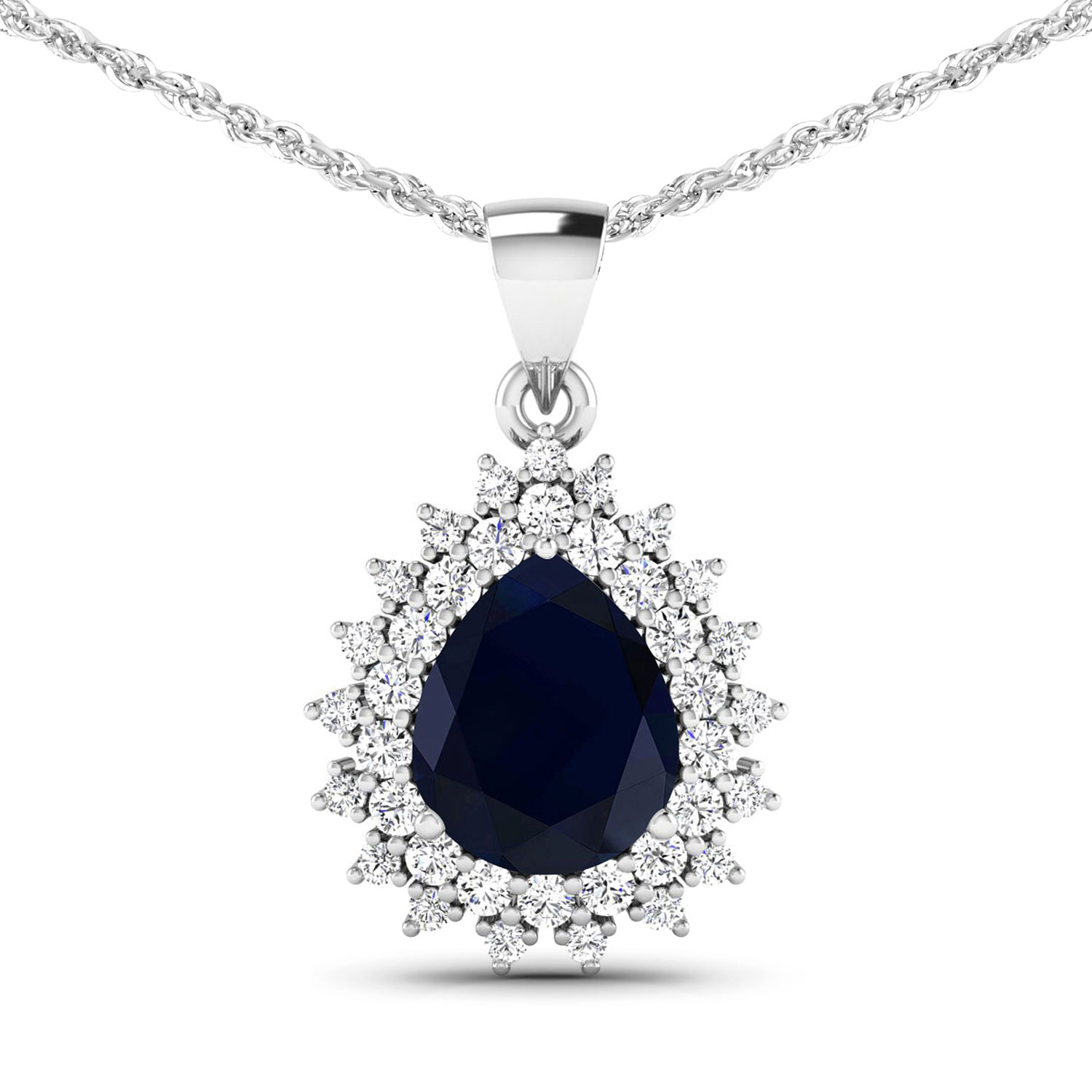 3.92 Carat Genuine Blue Sapphire and White Diamond 14K White Gold Pendant
