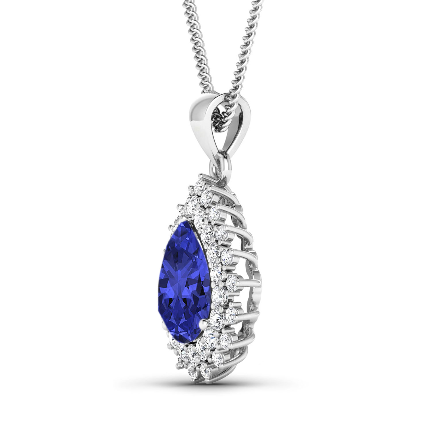 0.81 ctw. Genuine White Diamond Semi-Mounting Halo Pendant in 14K White Gold - holds 11x9mm Pear Gemstone with Tanzanite Pears 11x9mm