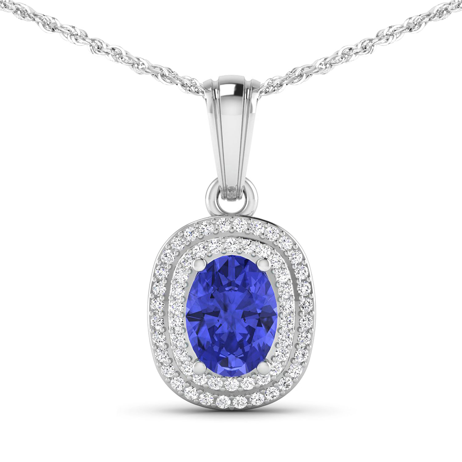 0.26 ctw. Genuine White Diamond Semi-Mounting Halo Pendant in 14K White Gold - holds 8x6mm Oval Gemstone with Tanzanite Oval 8x6mm