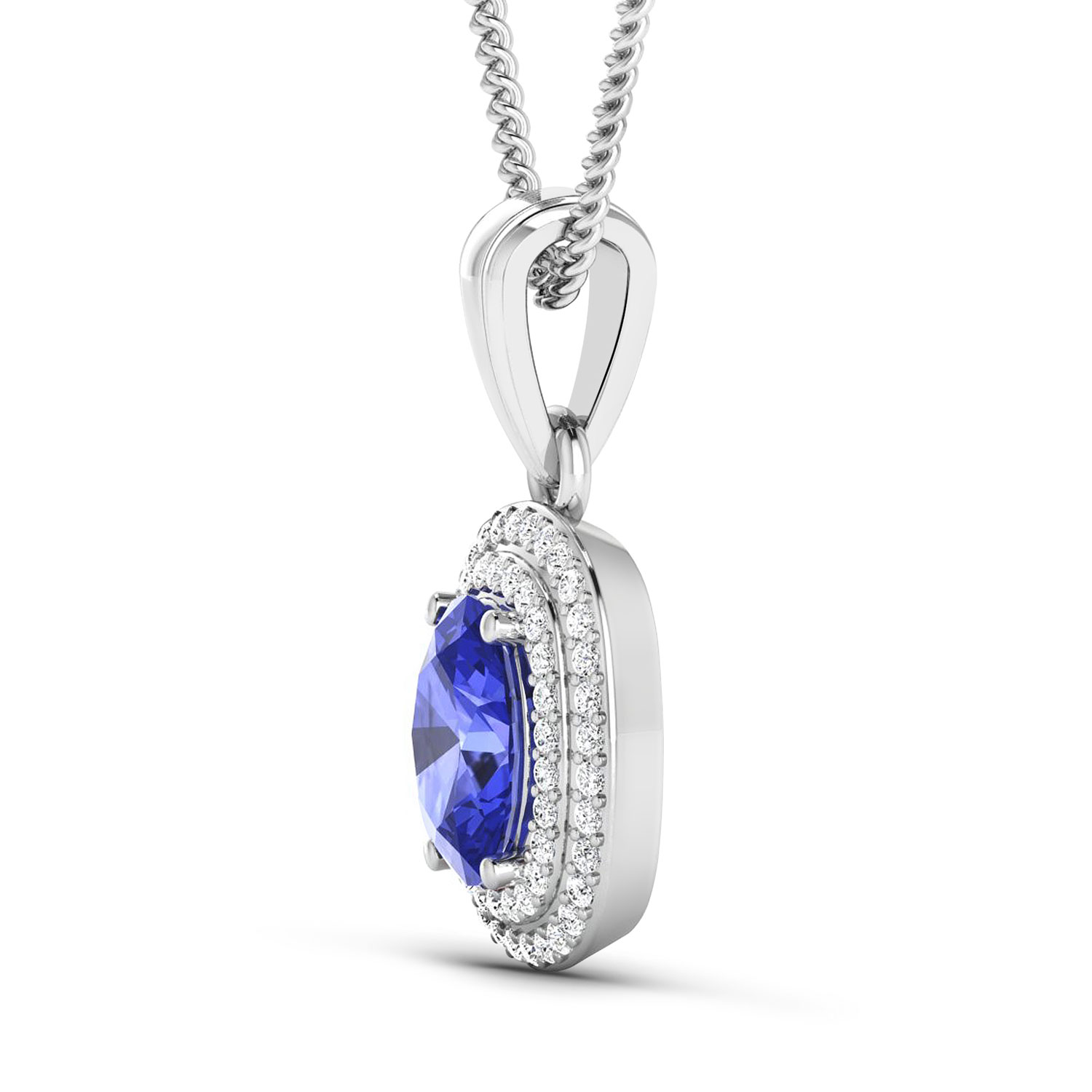 0.26 ctw. Genuine White Diamond Semi-Mounting Halo Pendant in 14K White Gold - holds 8x6mm Oval Gemstone with Tanzanite Oval 8x6mm
