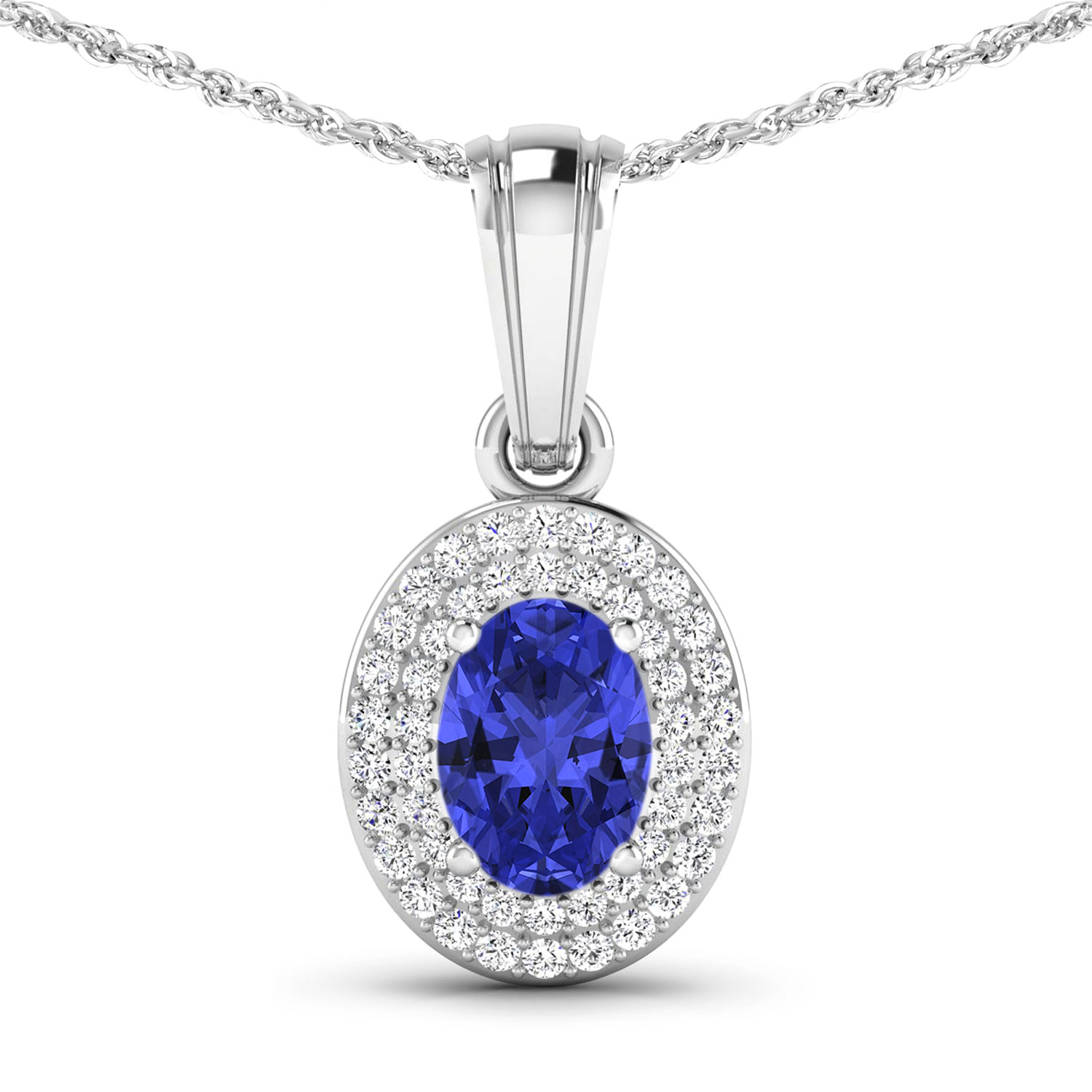 0.17 ctw. Genuine White Diamond Semi-Mounting Halo Pendant in 14K White Gold - holds 7x5mm Oval Gemstone with Tanzanite Oval 7x5mm