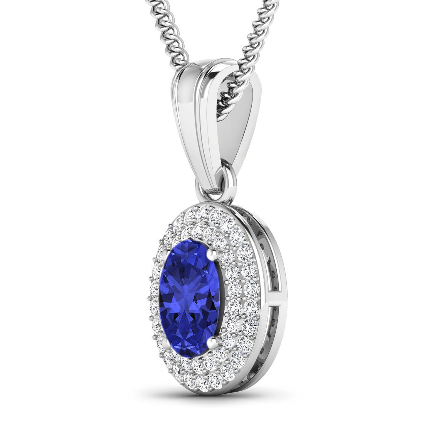 0.17 ctw. Genuine White Diamond Semi-Mounting Halo Pendant in 14K White Gold - holds 7x5mm Oval Gemstone with Tanzanite Oval 7x5mm