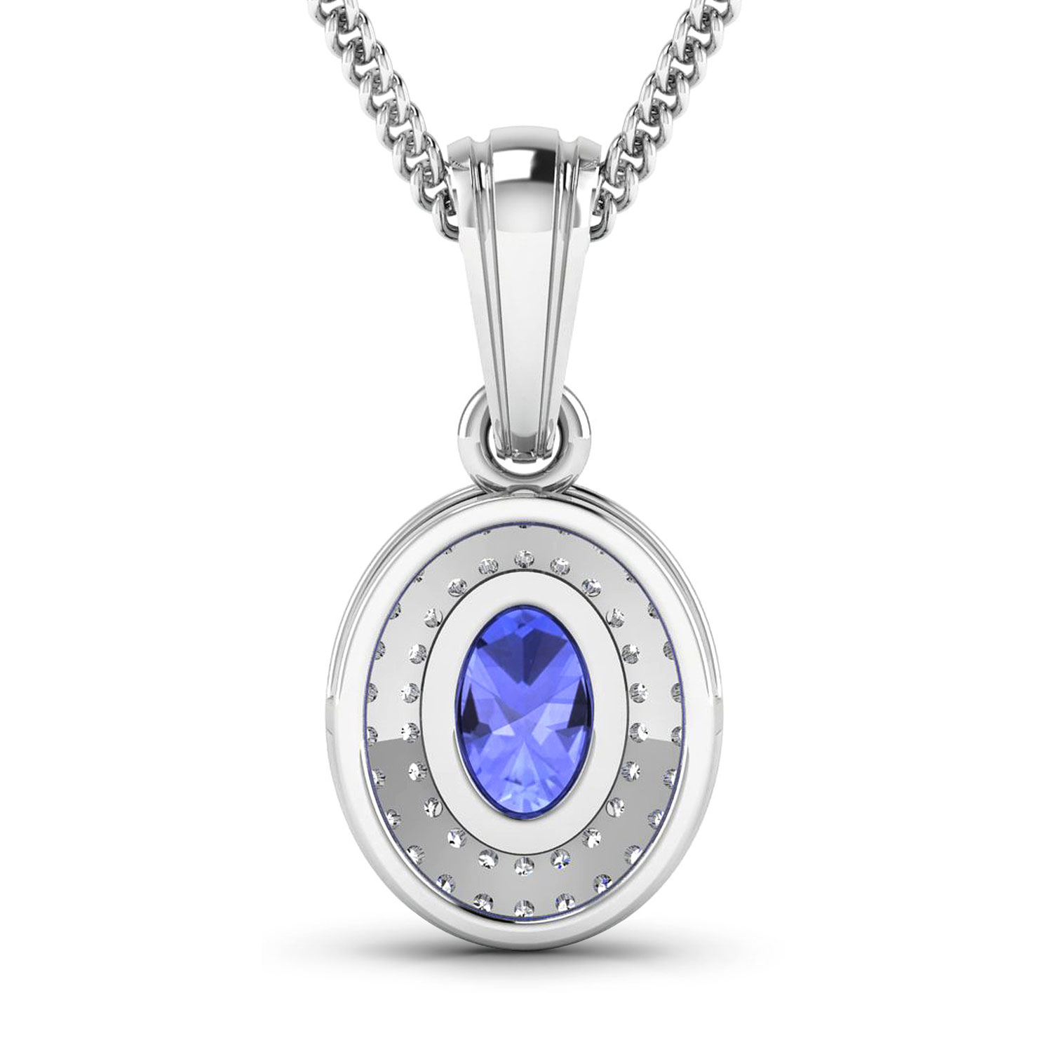 0.17 ctw. Genuine White Diamond Semi-Mounting Halo Pendant in 14K White Gold - holds 7x5mm Oval Gemstone with Tanzanite Oval 7x5mm