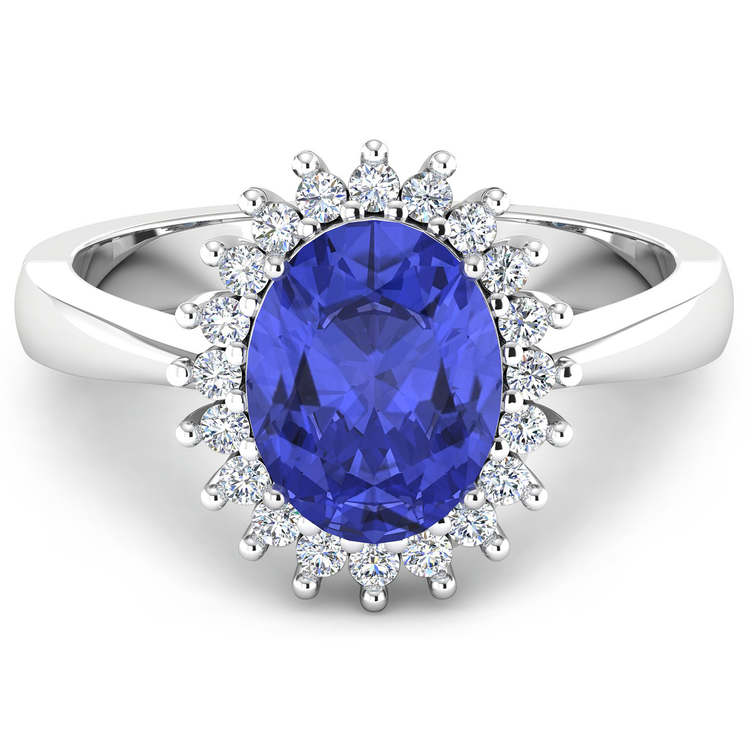0.19 ctw. Genuine White Diamond Semi-Mounting Halo Ring in 14K White Gold - holds 8x6mm Oval Gemstone with Tanzanite Oval 8x6mm