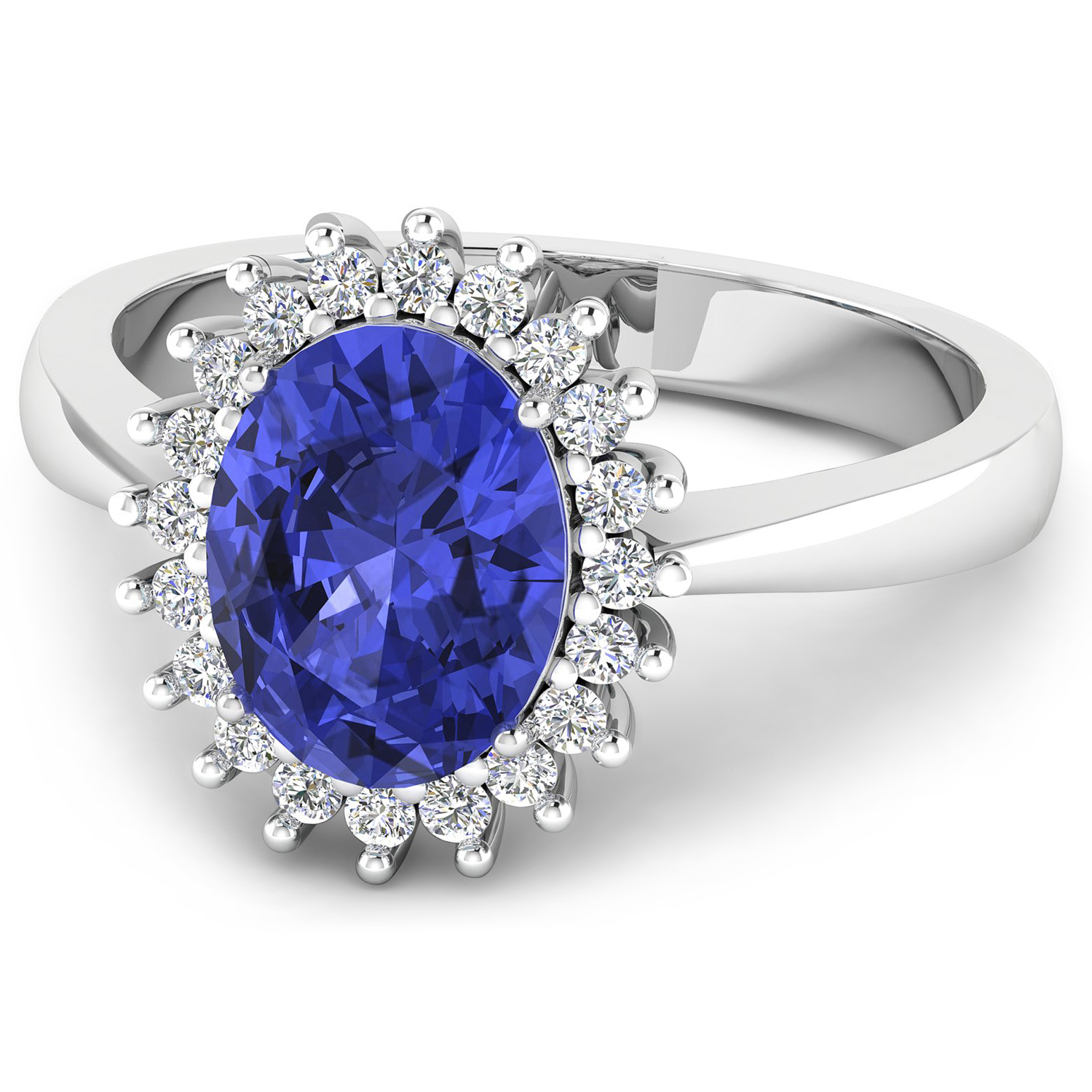 0.19 ctw. Genuine White Diamond Semi-Mounting Halo Ring in 14K White Gold - holds 8x6mm Oval Gemstone with Tanzanite Oval 8x6mm