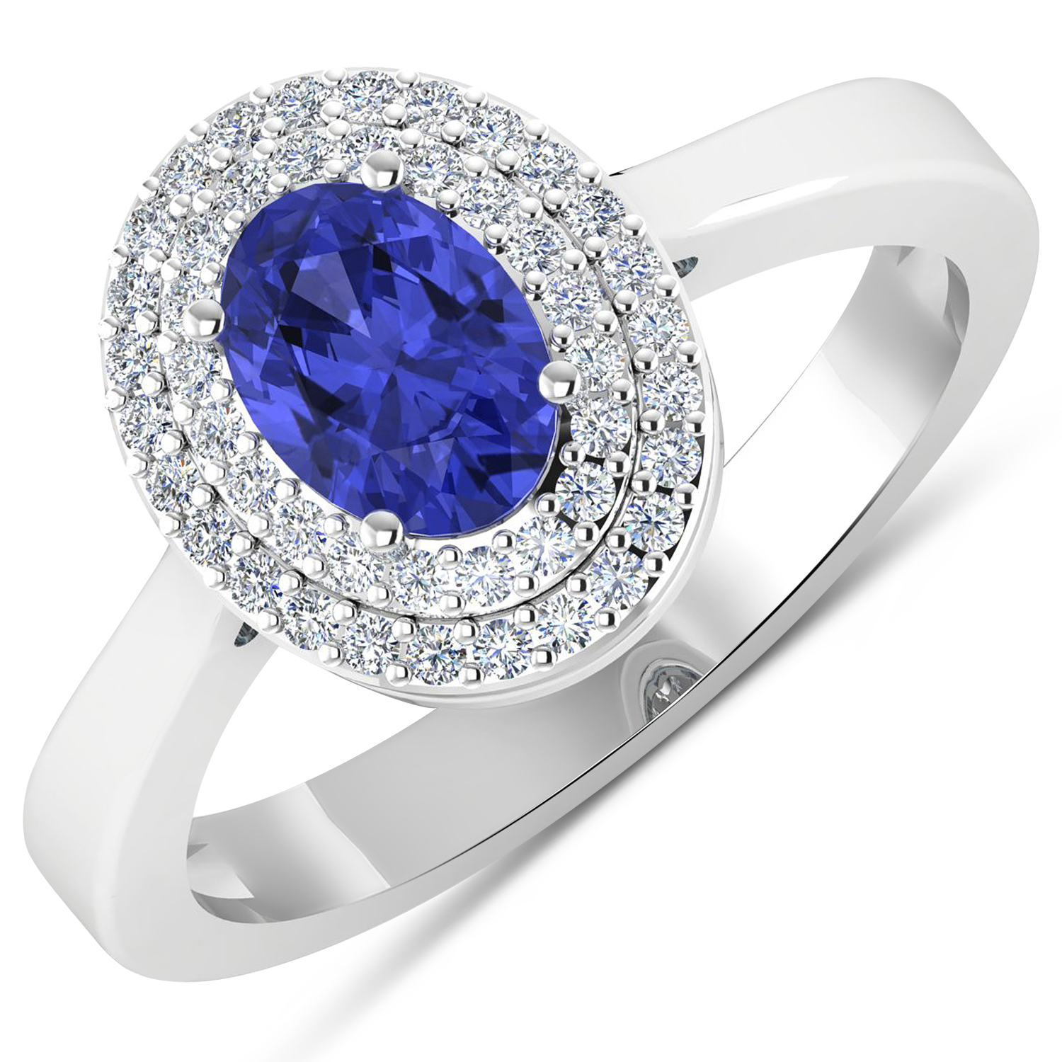 0.16 ctw. Genuine White Diamond Semi-Mounting Halo Ring in 14K White Gold - holds 7x5mm Oval Gemstone with Tanzanite Oval 7x5mm
