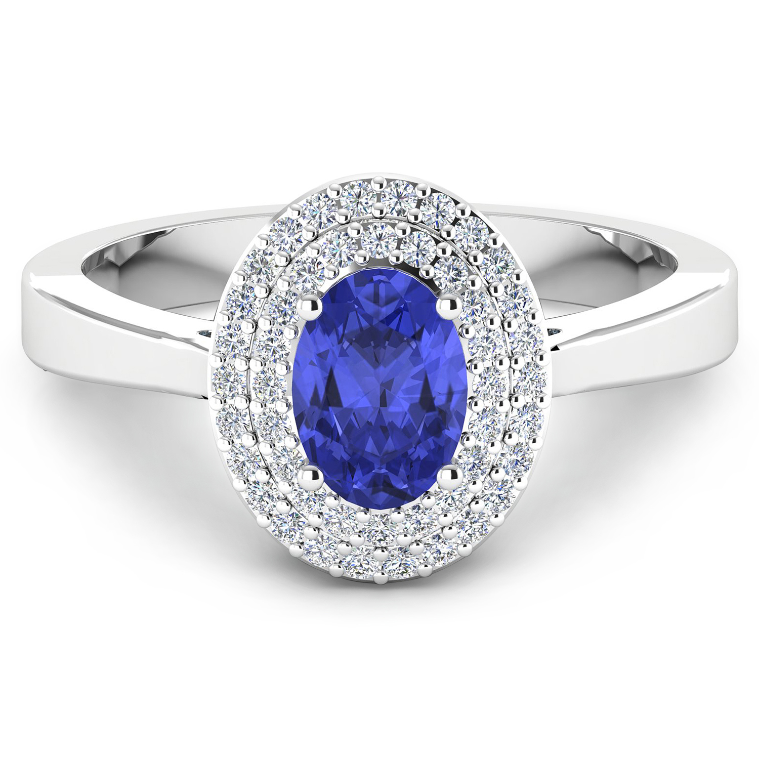 0.16 ctw. Genuine White Diamond Semi-Mounting Halo Ring in 14K White Gold - holds 7x5mm Oval Gemstone with Tanzanite Oval 7x5mm