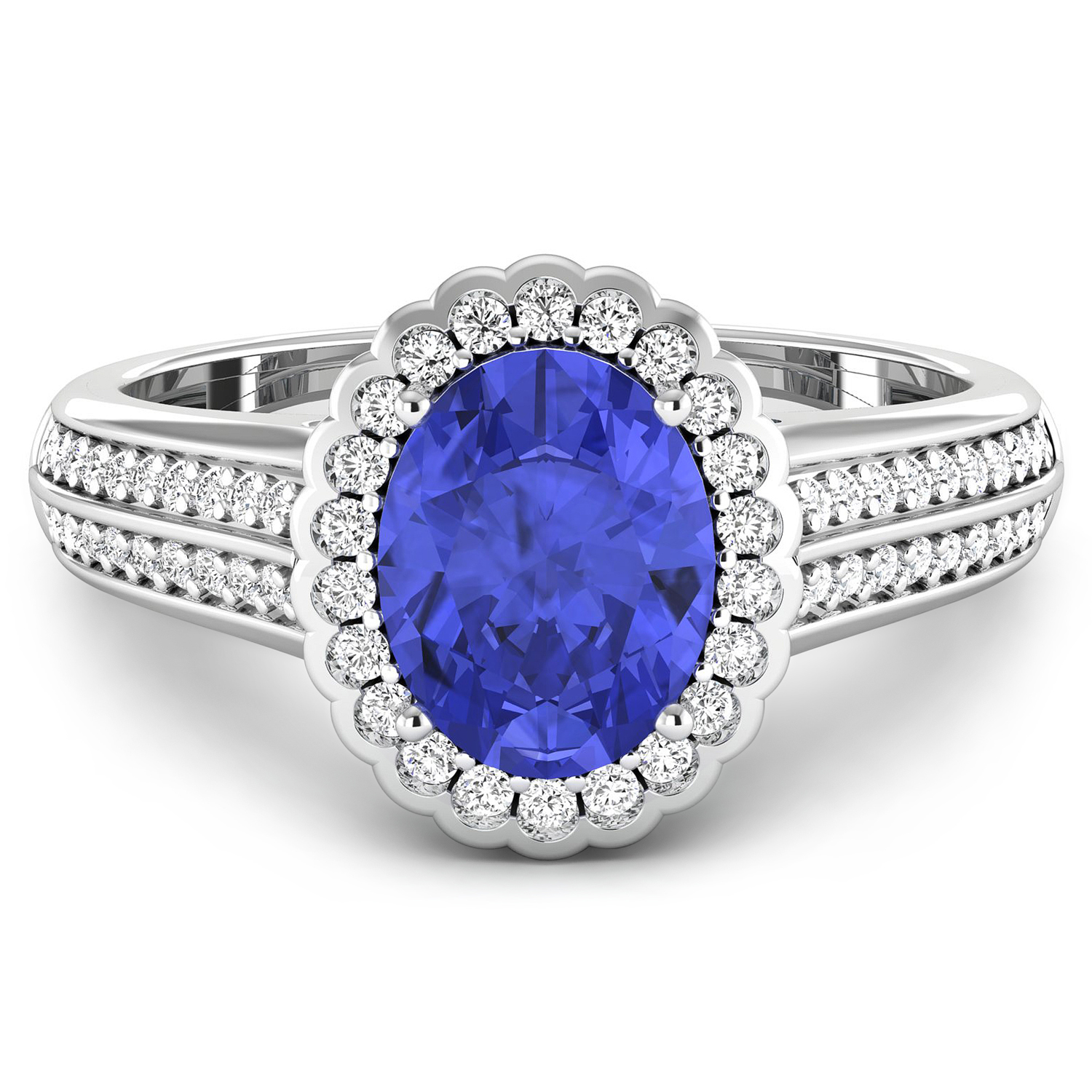 0.42 ctw. Genuine White Diamond Semi-Mounting Bridge Ring in 14K White Gold - holds 9x7mm Oval Gemstone with Tanzanite Oval 9x7mm