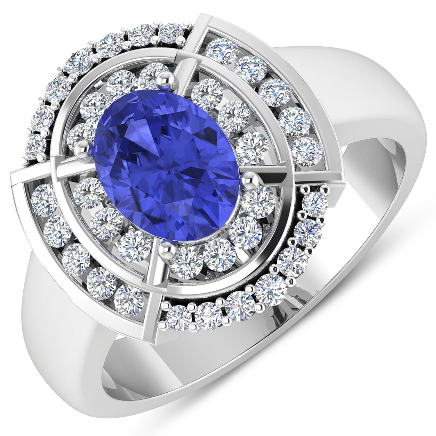0.47 ctw. Genuine White Diamond Semi-Mounting Halo Ring in 14K White Gold - holds 8x6mm Oval Gemstone with Tanzanite Oval 8x6mm