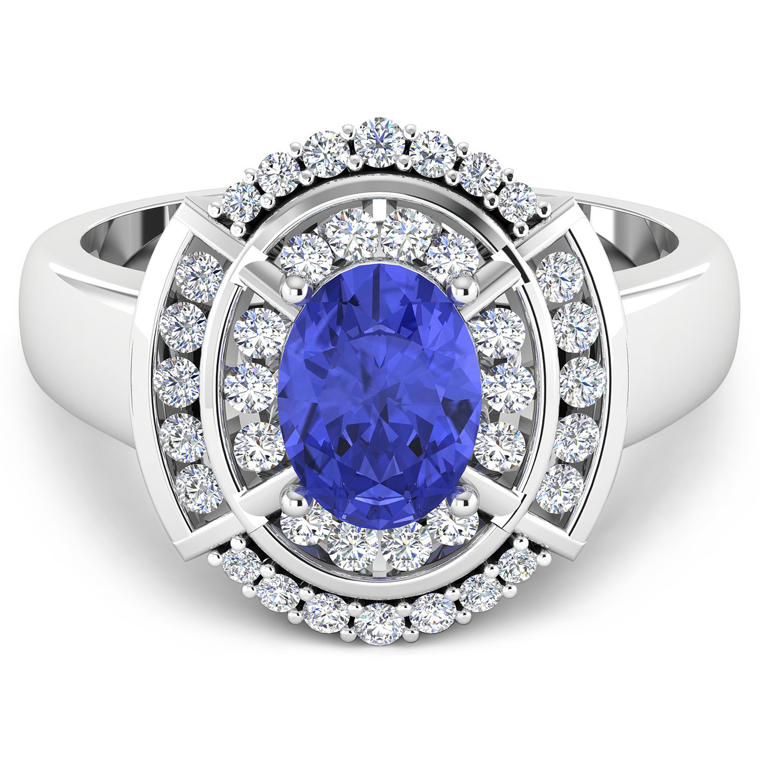 0.47 ctw. Genuine White Diamond Semi-Mounting Halo Ring in 14K White Gold - holds 8x6mm Oval Gemstone with Tanzanite Oval 8x6mm