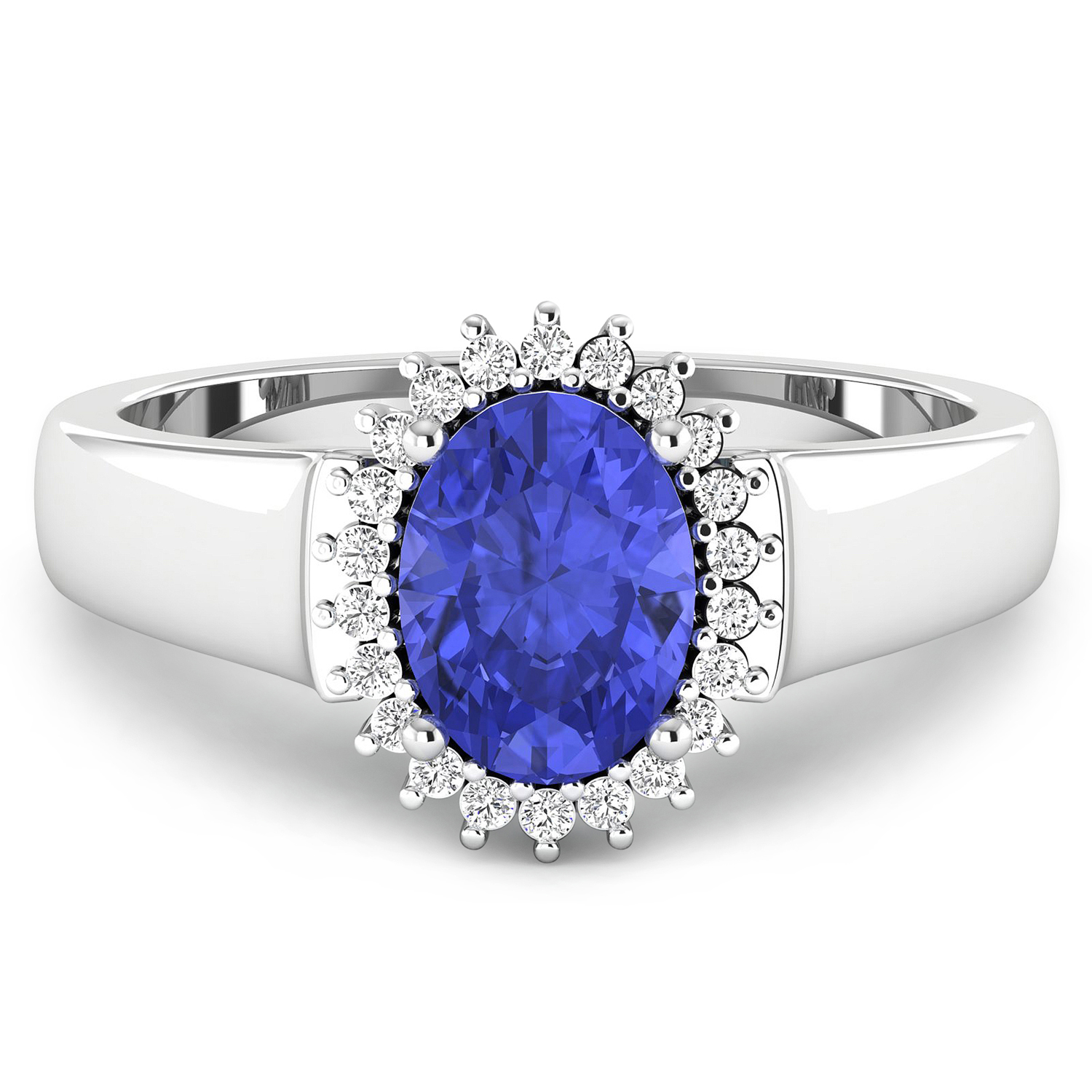 0.10 ctw. Genuine White Diamond Semi-Mounting Halo Ring in 14K White Gold - holds 8x6mm Oval Gemstone with Tanzanite Oval 8x6mm