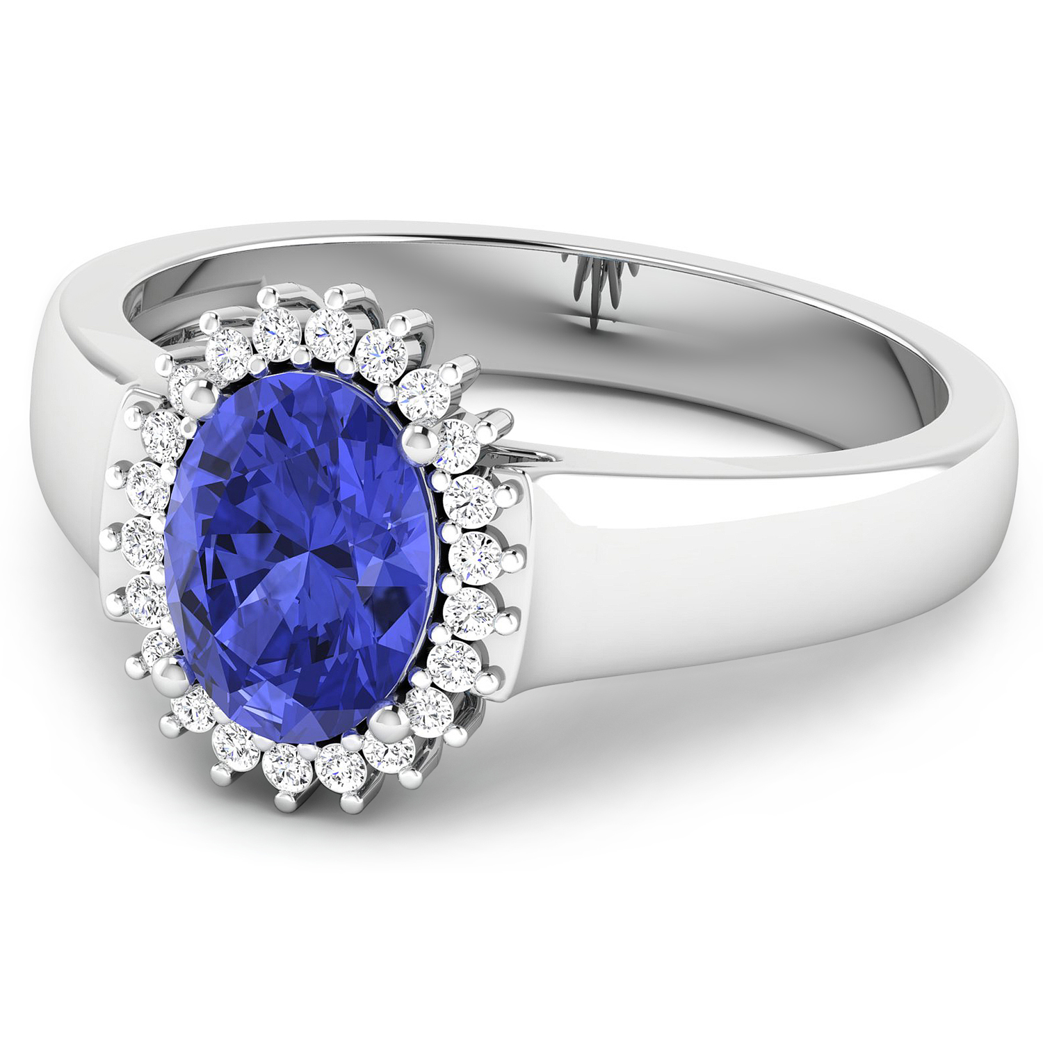 0.10 ctw. Genuine White Diamond Semi-Mounting Halo Ring in 14K White Gold - holds 8x6mm Oval Gemstone with Tanzanite Oval 8x6mm