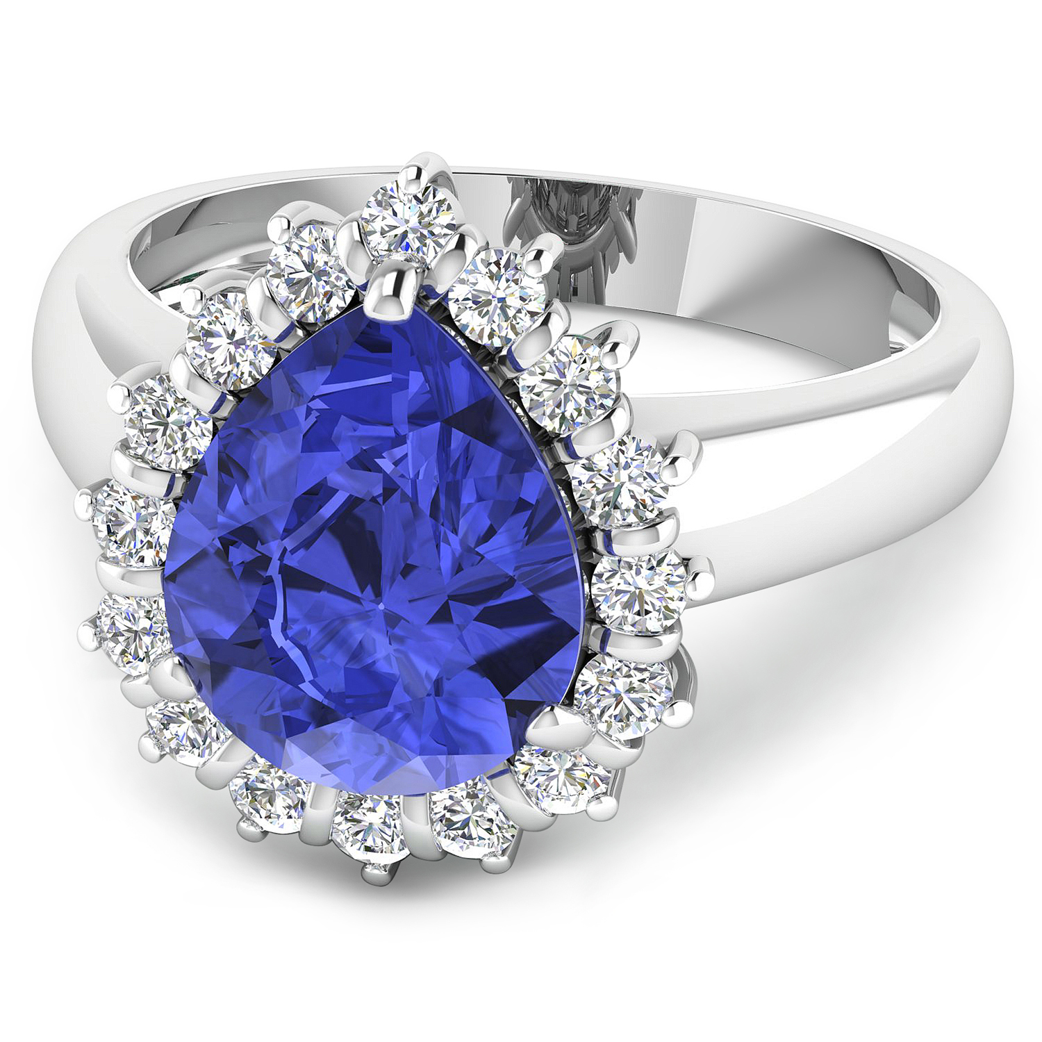 0.48 ctw. Genuine White Diamond Semi-Mounting Halo Ring in 14K White Gold - holds 11x9mm Pear Gemstone with Tanzanite Pears 11x9mm