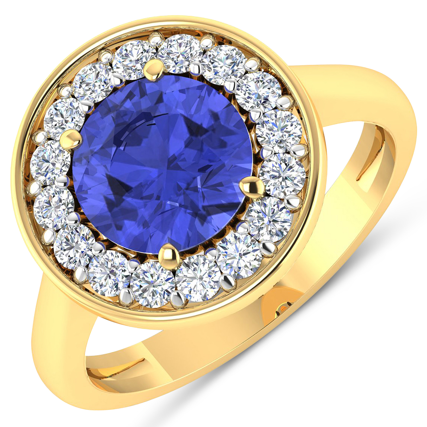 0.48 ctw. Genuine White Diamond Semi-Mounting Halo Ring in 14K Yellow Gold - holds 8.00mm Round Gemstone with Tanzanite Round 8.00mm