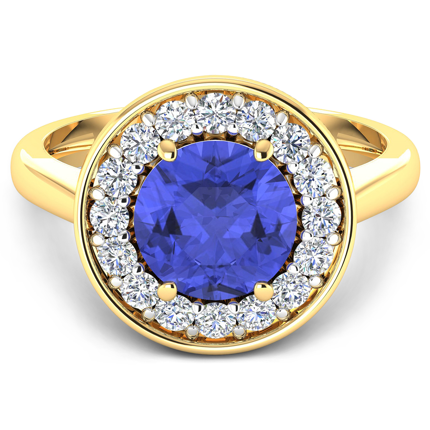0.48 ctw. Genuine White Diamond Semi-Mounting Halo Ring in 14K Yellow Gold - holds 8.00mm Round Gemstone with Tanzanite Round 8.00mm