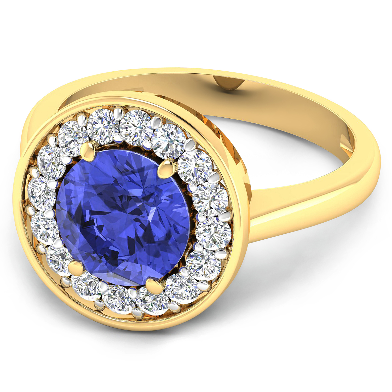 0.48 ctw. Genuine White Diamond Semi-Mounting Halo Ring in 14K Yellow Gold - holds 8.00mm Round Gemstone with Tanzanite Round 8.00mm