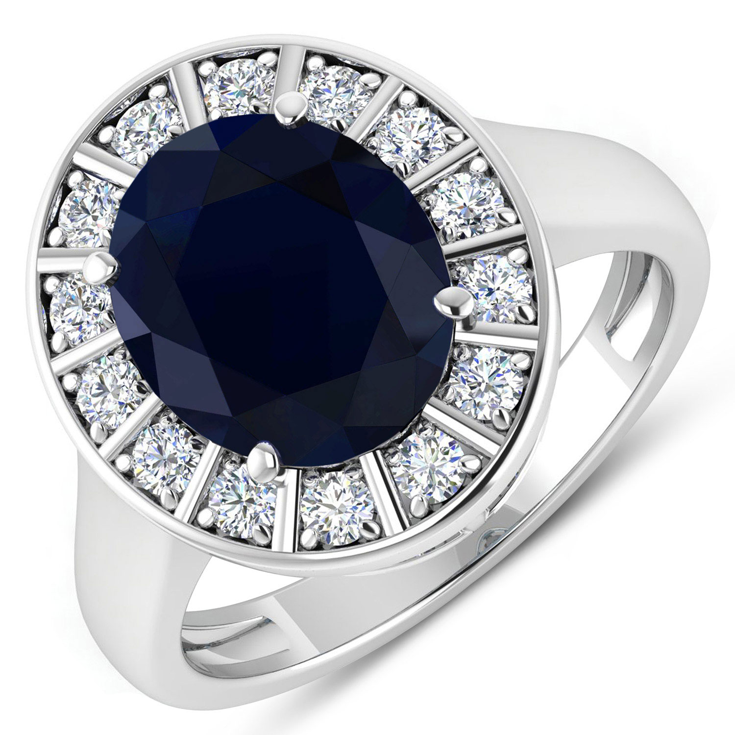5.22 Carat Genuine Blue Sapphire and White Diamond 14K White Gold Ring
