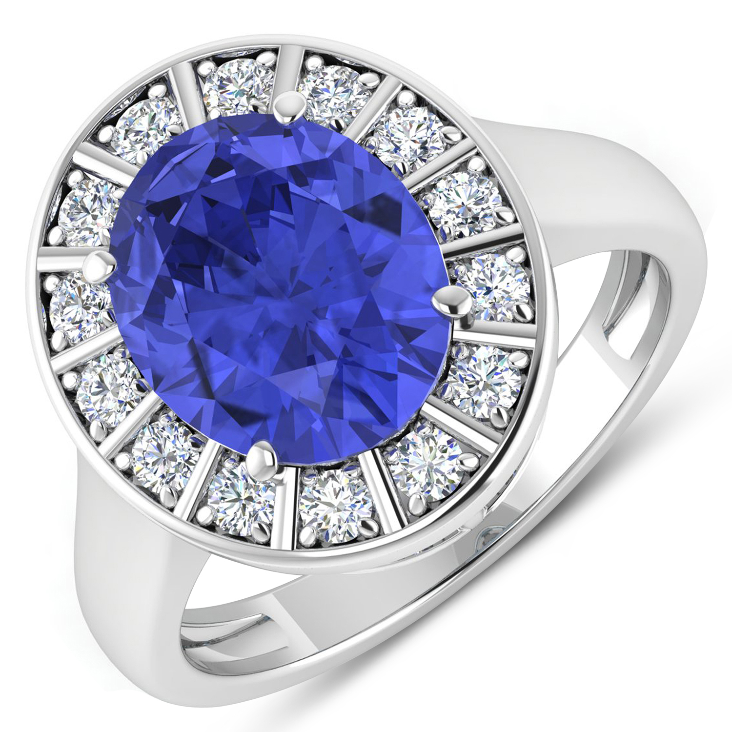 0.42 ctw. Genuine White Diamond Semi-Mounting Halo Ring in 14K White Gold - holds 11x9mm Oval Gemstone with Tanzanite Oval 11x9mm