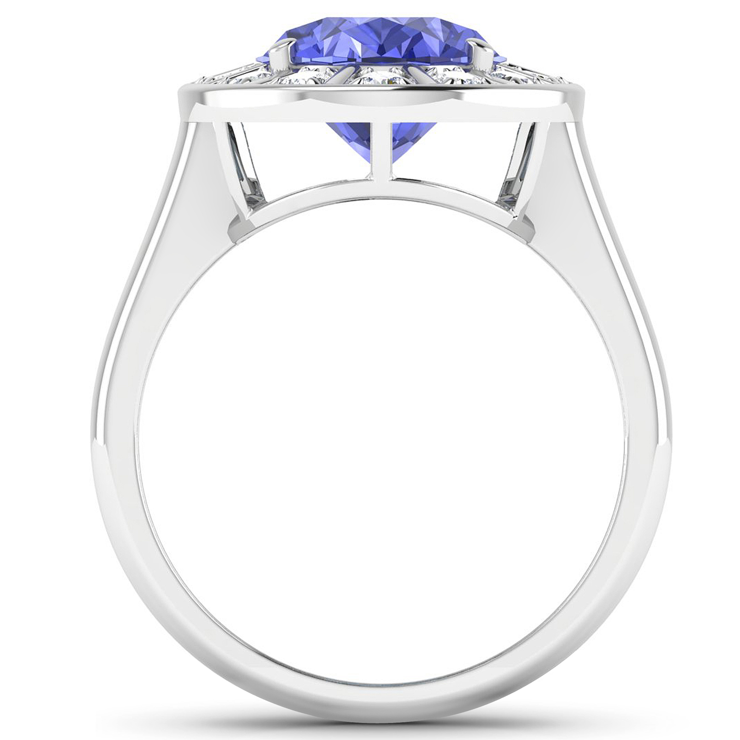 0.42 ctw. Genuine White Diamond Semi-Mounting Halo Ring in 14K White Gold - holds 11x9mm Oval Gemstone with Tanzanite Oval 11x9mm