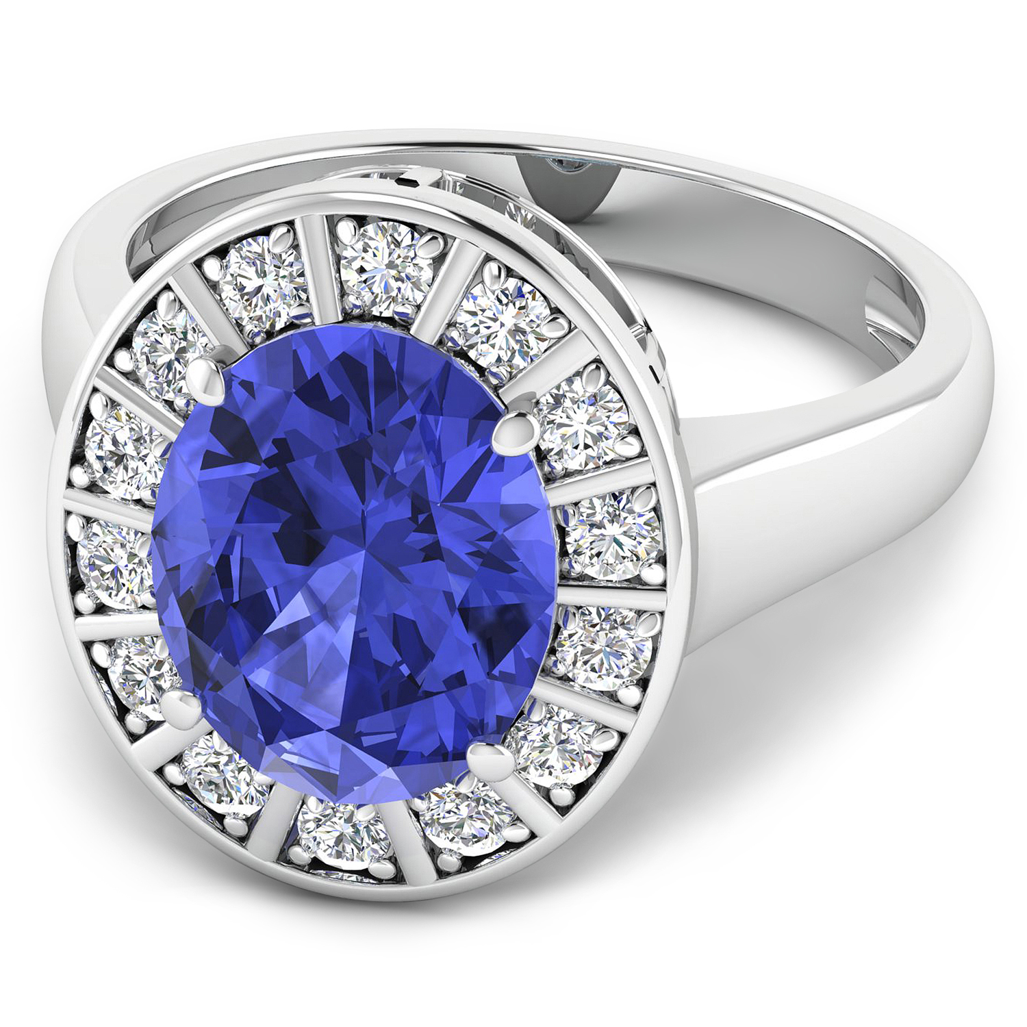 0.42 ctw. Genuine White Diamond Semi-Mounting Halo Ring in 14K White Gold - holds 11x9mm Oval Gemstone with Tanzanite Oval 11x9mm