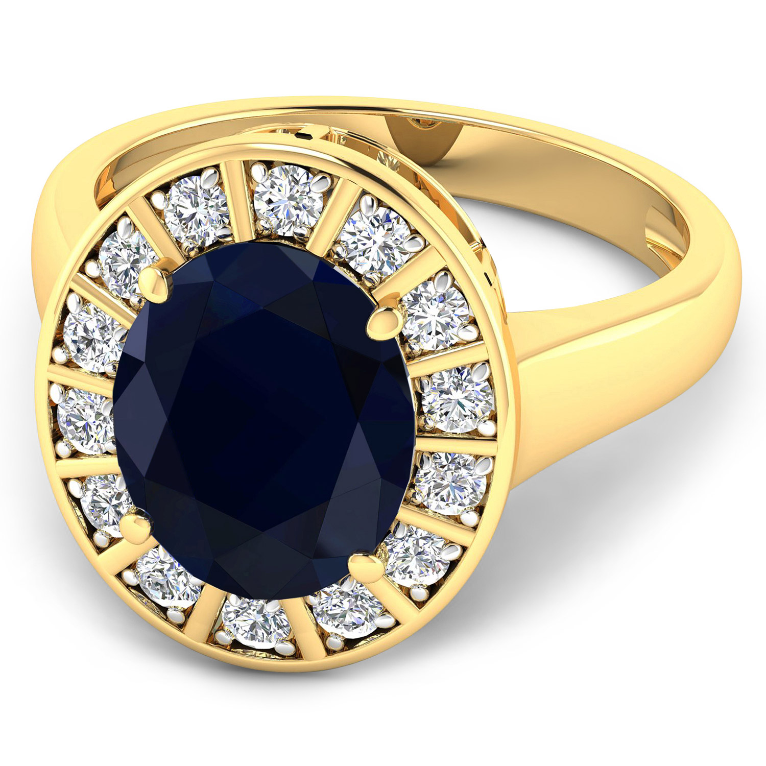 5.22 Carat Genuine Blue Sapphire and White Diamond 14K Yellow Gold Ring