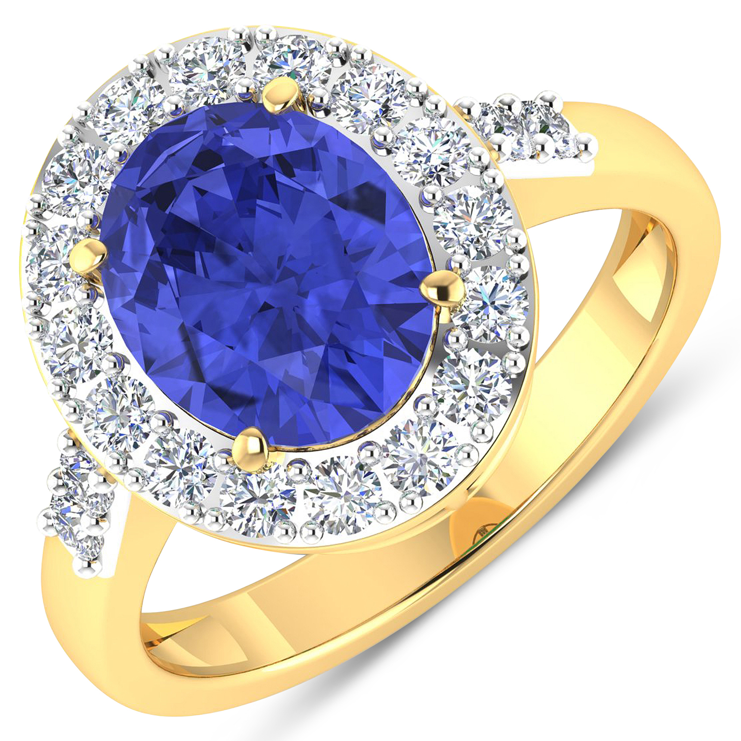 0.60 ctw. Genuine White Diamond Semi-Mounting Halo Ring in 14K Yellow Gold - holds 10x8mm Oval Gemstone with Tanzanite Oval 10x8mm