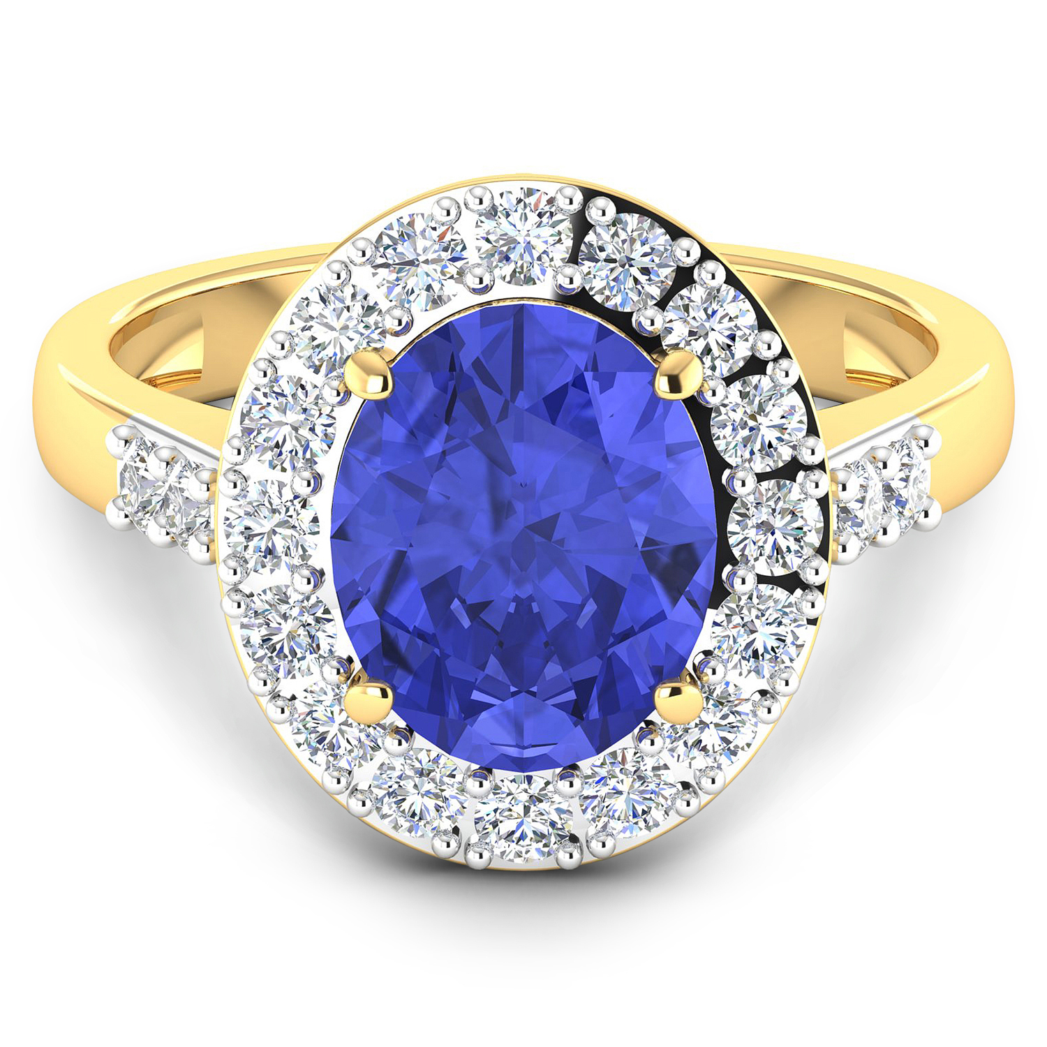 0.60 ctw. Genuine White Diamond Semi-Mounting Halo Ring in 14K Yellow Gold - holds 10x8mm Oval Gemstone with Tanzanite Oval 10x8mm
